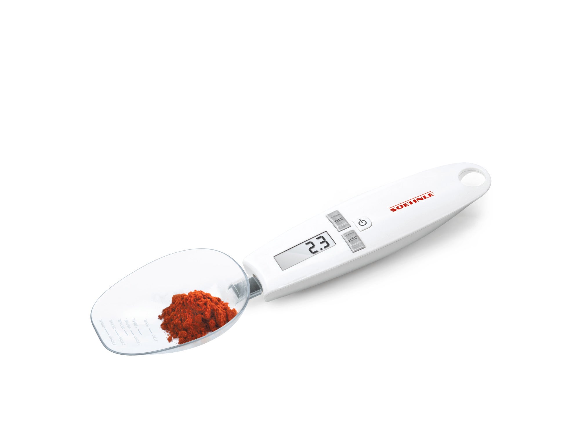 Digitale Küchenwaage Cooking Star mit integriertem Display. Die weiße Waage zeigt 2,3 Gramm an und enthält eine kleine Menge rotes Pulver in der Wiegeschale. Ideal für präzises Abwiegen.