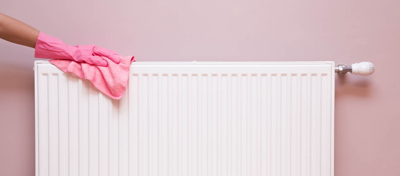 Heizung entstauben: So geht es richtig Eine Person mit pinkem Gummihandschuh wischt einen weißen Heizkörper mit einem Tuch ab