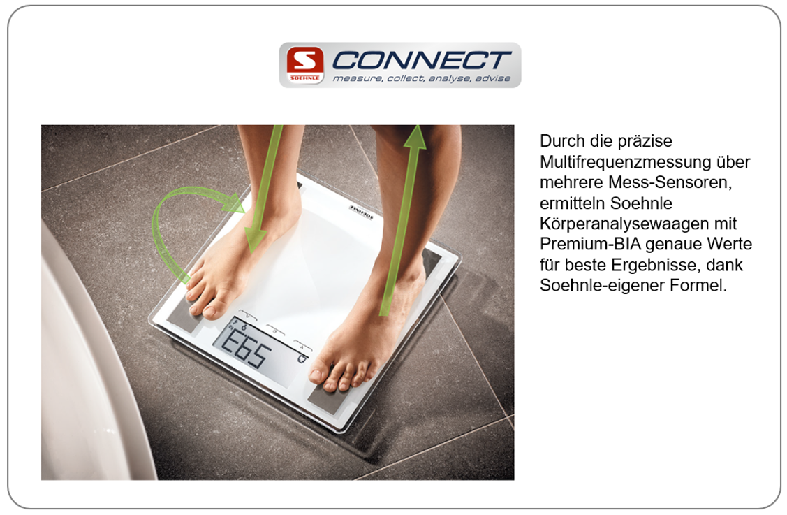 Person steht auf digitaler Waage, zeigt 66,5 kg. Soehnle-Logo. Seitentext erklaert praezise Messung durch Multifrequenzsensoren.