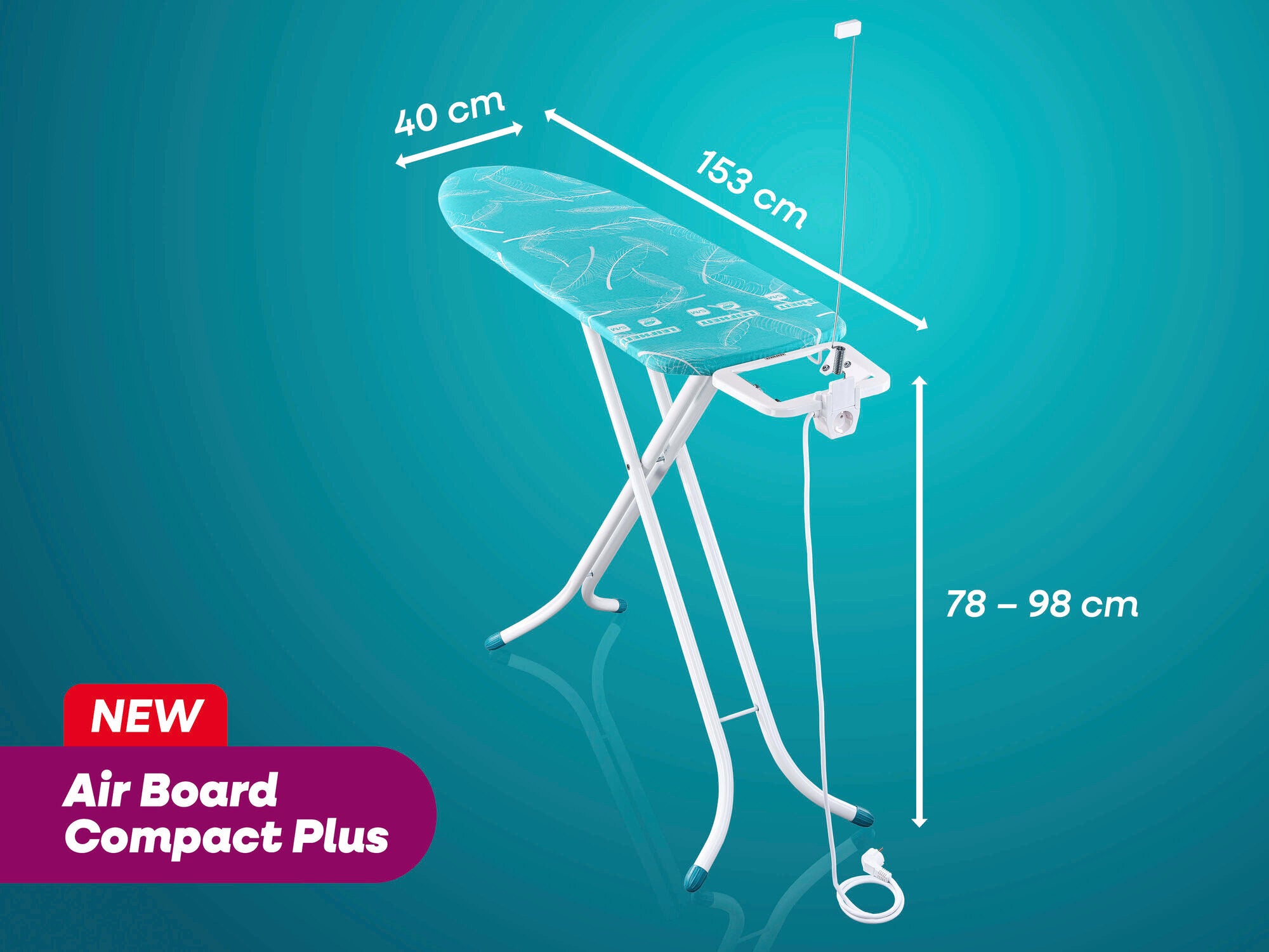 Bügeltisch von Leifheit, Modell Air Board Compact Plus. Der Tisch ist 153 cm lang, 40 cm breit und höhenverstellbar von 78 bis 98 cm. Ideal für effizientes Bügeln.