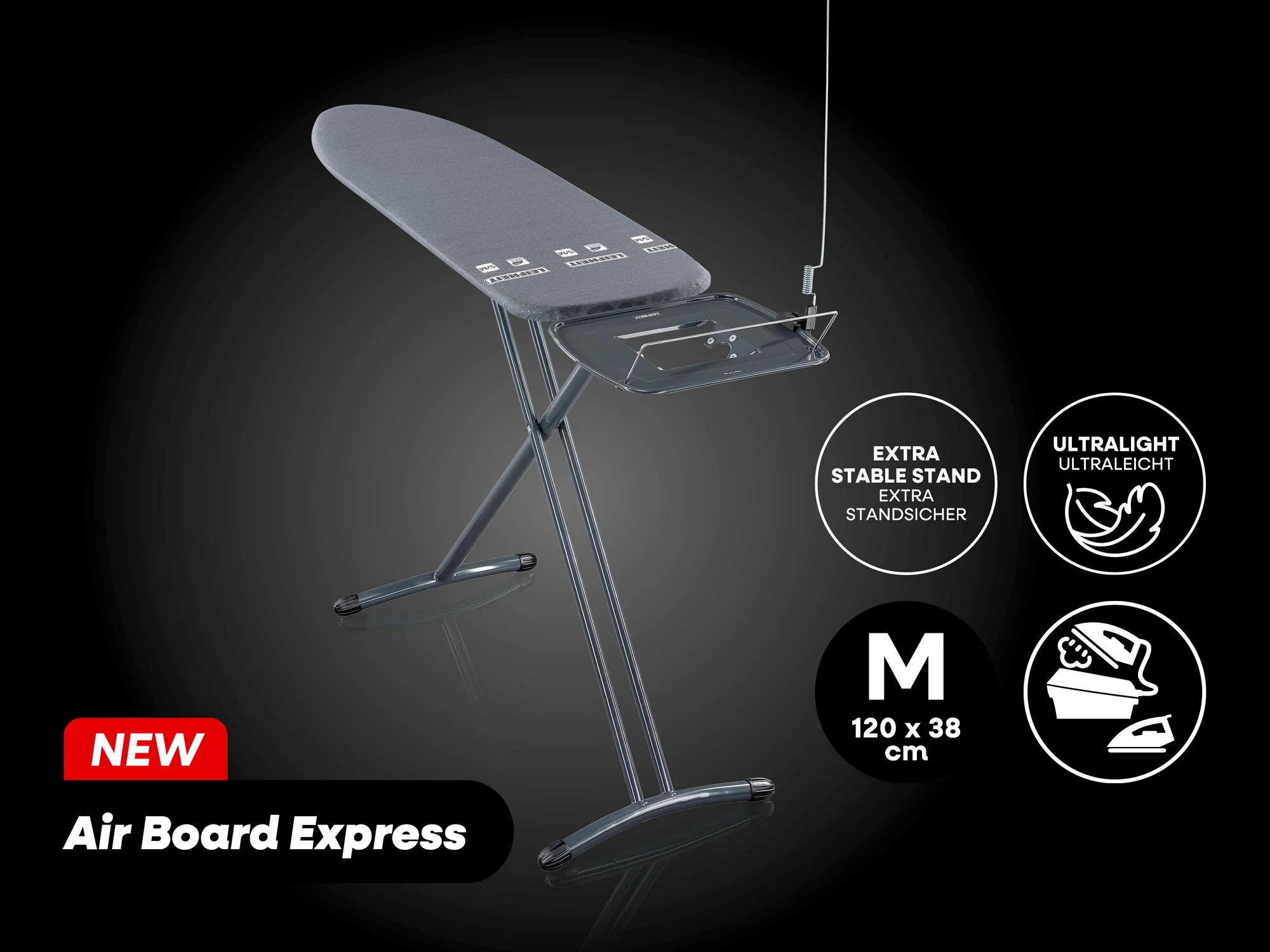 Bügeltisch Air Board Express von Leifheit in der Größe M, 120 x 38 cm. Der Tisch ist ultraleicht und verfügt über einen extra stabilen Stand. Ideal für effizientes Bügeln.
