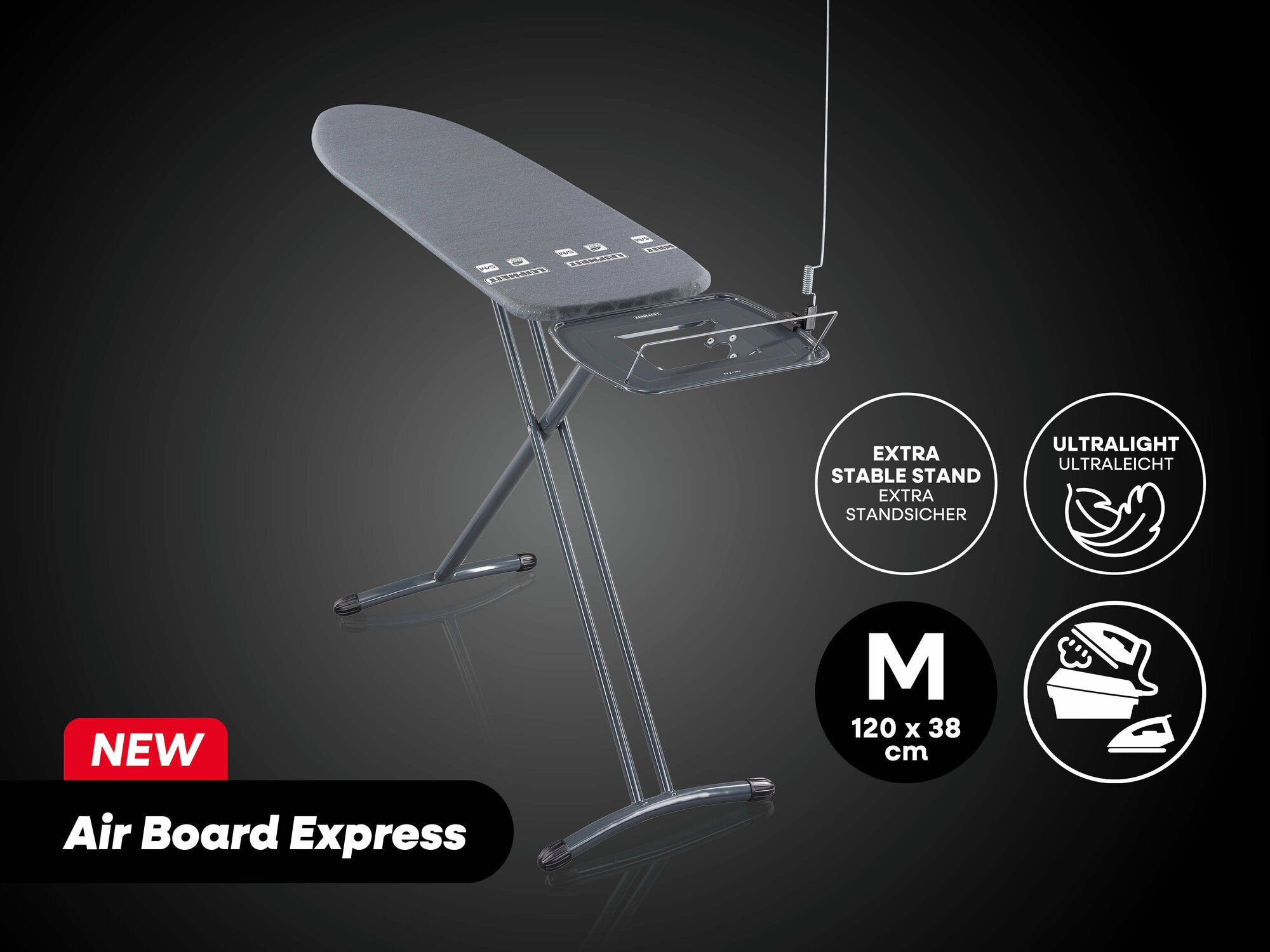 Bügeltisch Air Board Express von Leifheit in der Größe M, 120 x 38 cm. Der Tisch ist ultraleicht und verfügt über einen extra stabilen Stand. Ideal für effizientes Bügeln.