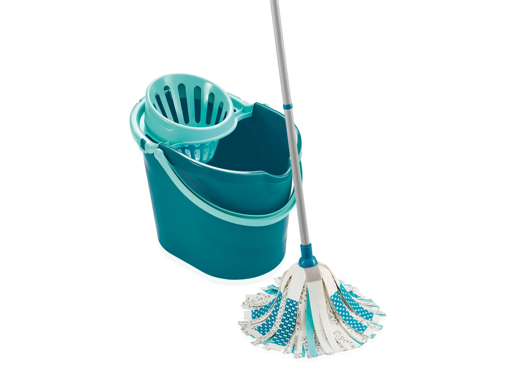 Ein Set bestehend aus einem Power Mop 3in1 mit einem Eimer und einem Mop. Der Eimer ist türkisfarben und hat einen integrierten Auswringer. Ideal für effiziente Bodenreinigung.