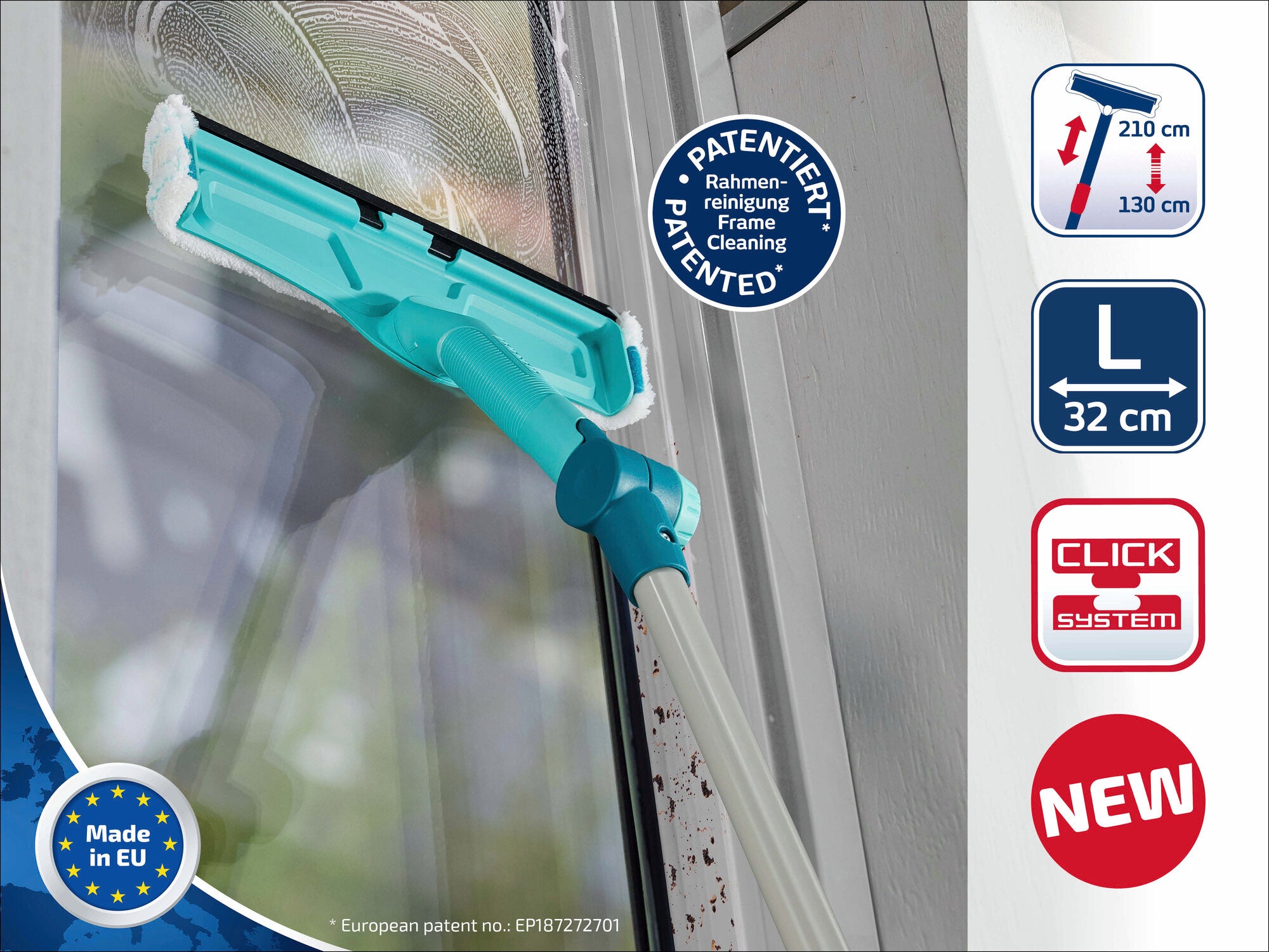 Fensterreinigungsgerät mit patentiertem System, geeignet für Rahmenreinigung. Teleskopstange von 130 bis 210 cm ausziehbar. In der EU hergestellt, kompatibel mit Click-System.