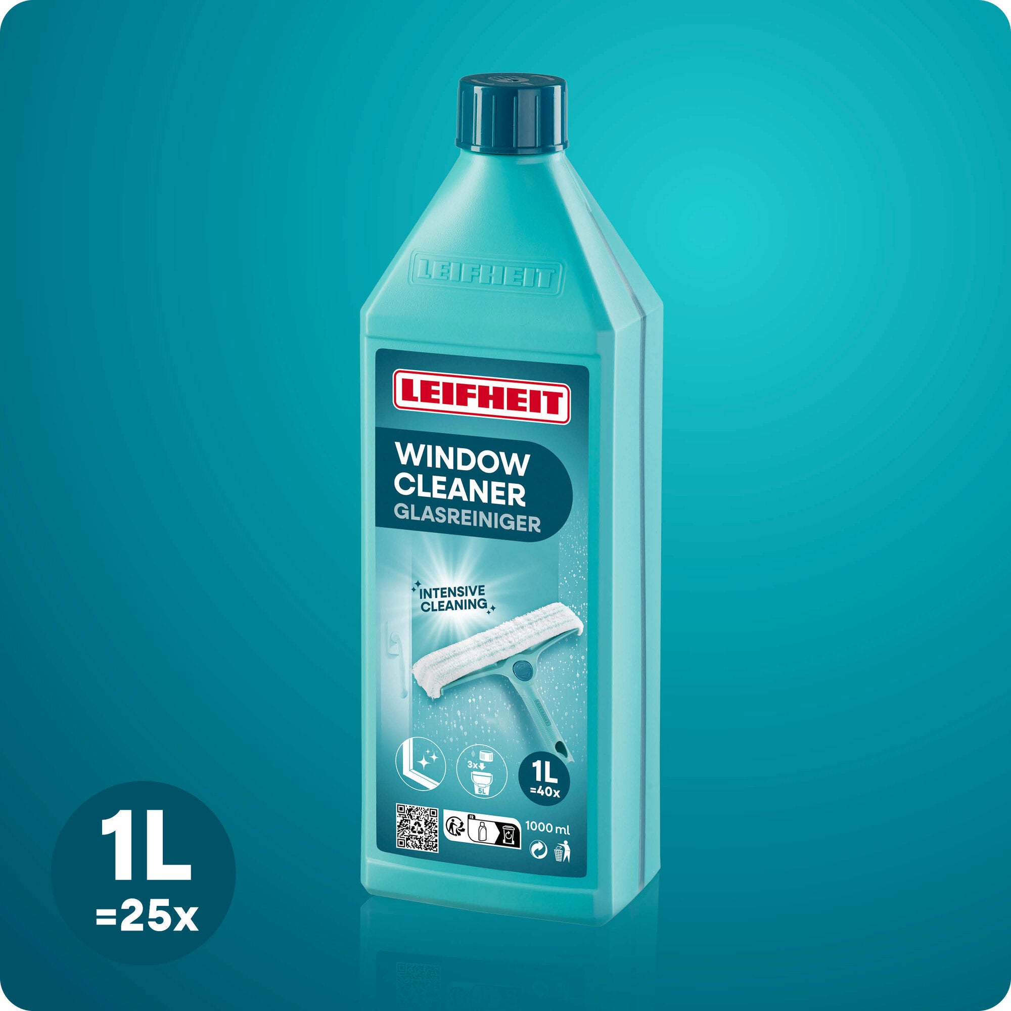 Leifheit Glasreiniger 1000 ml in türkisblauer Flasche mit Schraubverschluss und Frontetikett „Window Cleaner“. Freisteller vor blauem Hintergrund, geeignet für streifenfreie Fensterreinigung, 1 Liter Konzentrat.