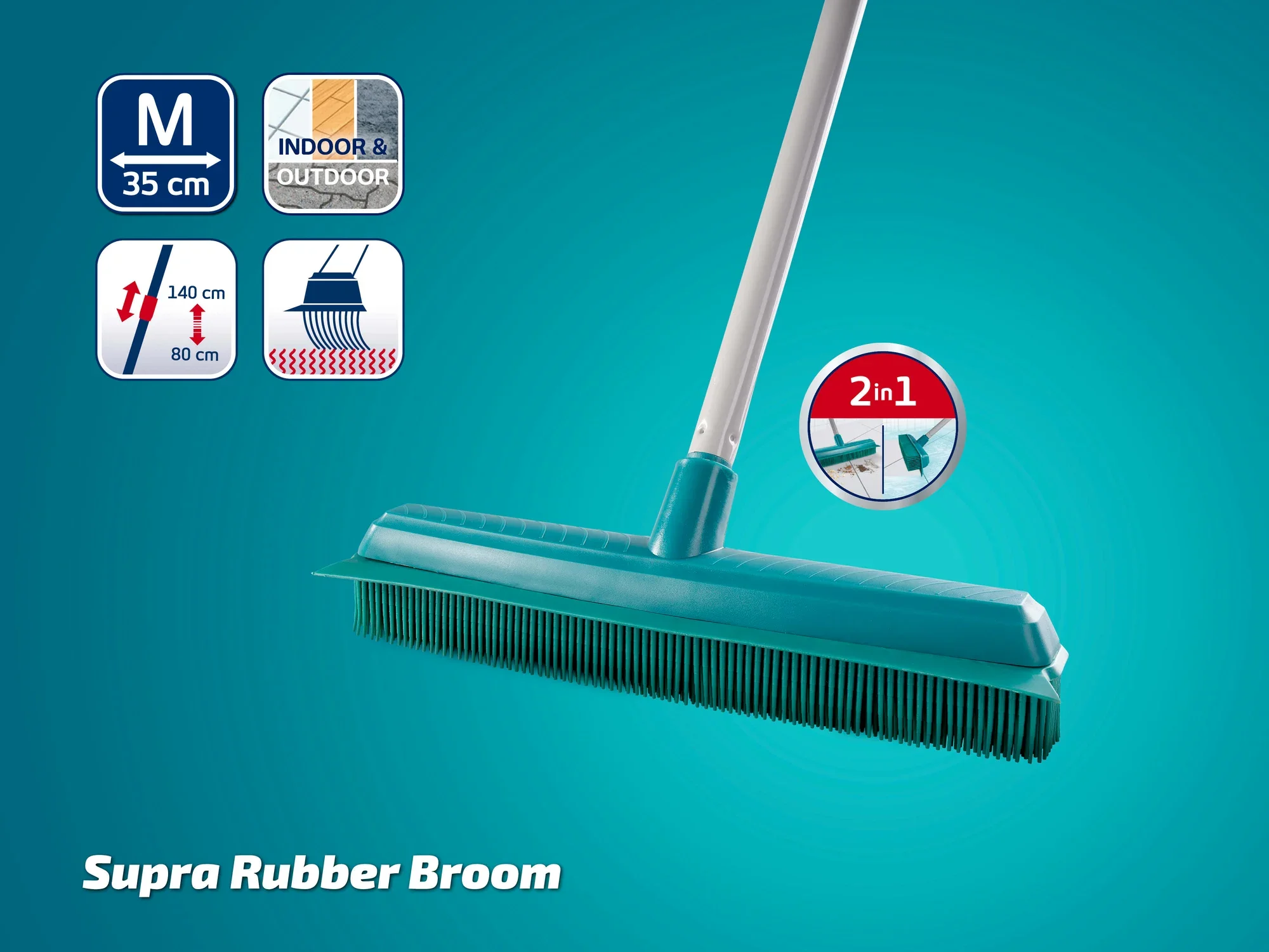 Der Leifheit Suprabesen ist ein vielseitiger Gummibesen mit einer Breite von 35 cm. Er eignet sich für den Innen- und Außenbereich und verfügt über eine 2-in-1-Funktion. Ideal für die Reinigung von Böden und Teppichen.