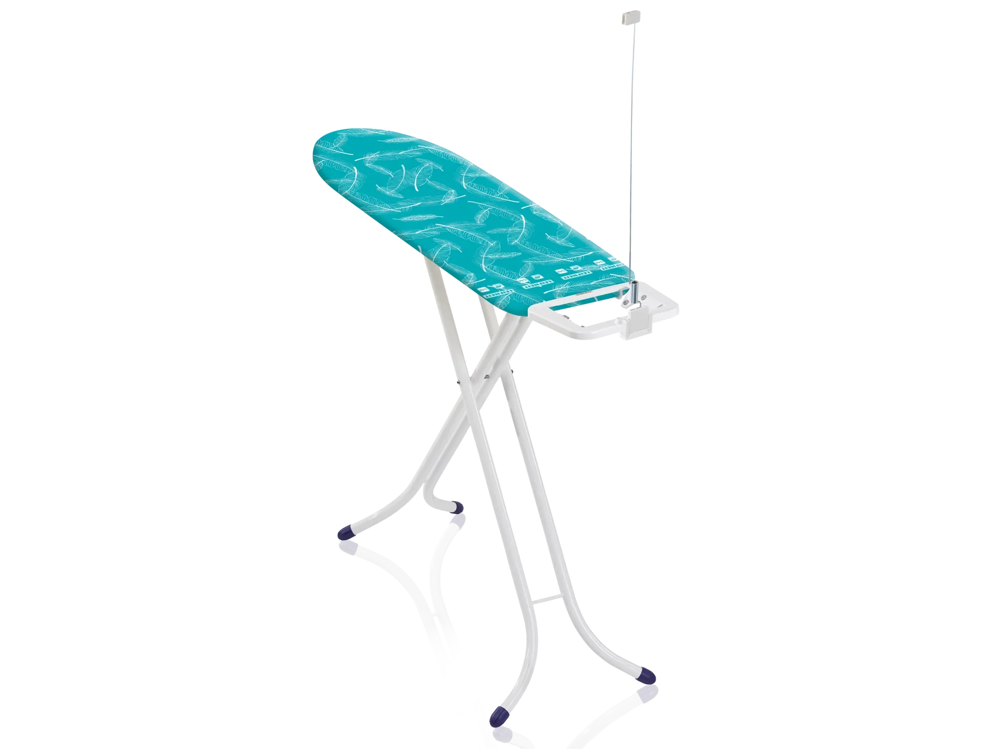 Air Board S Compacte strijkplank met turquoise hoes en stevige witte poten. De tafel is licht en compact, ideaal voor kleine ruimtes en gemakkelijk op te bergen.