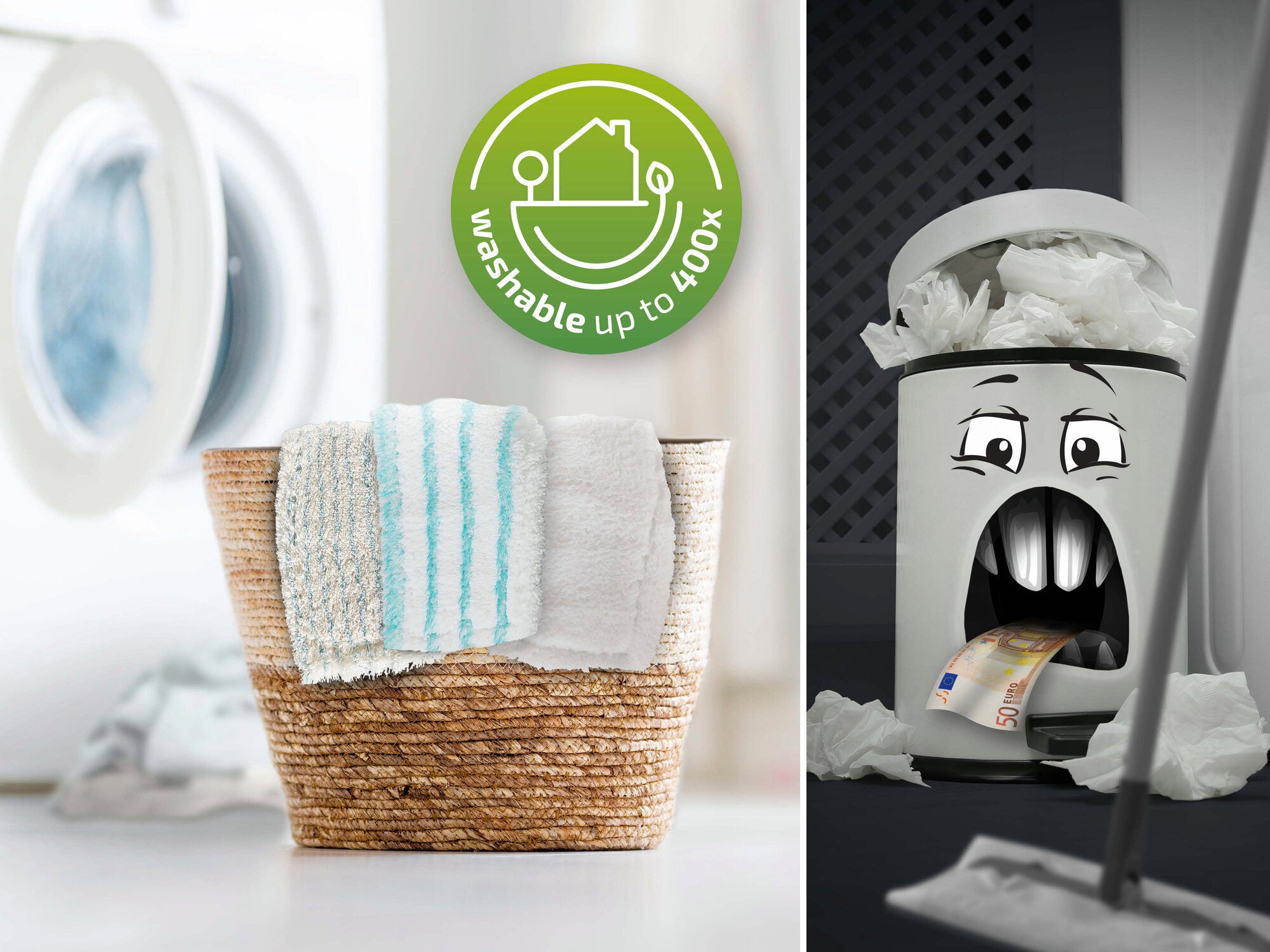 Ein Wäschekorb mit Leifheit Wischtüchern, die bis zu 400 Mal waschbar sind. Daneben ein Mülleimer mit Gesicht, der Geld verschlingt, und ein Leifheit Wischmopp.