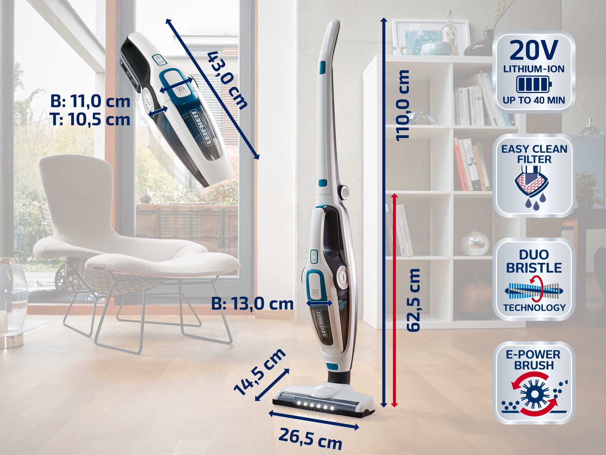 Kabelloser Staubsauger mit 20V Lithium-Ionen-Akku, bis zu 40 Minuten Laufzeit. Enthält Easy Clean Filter, Duo Bristle Technologie und E-Power Brush. Maße: 110 cm hoch, 26,5 cm breit.