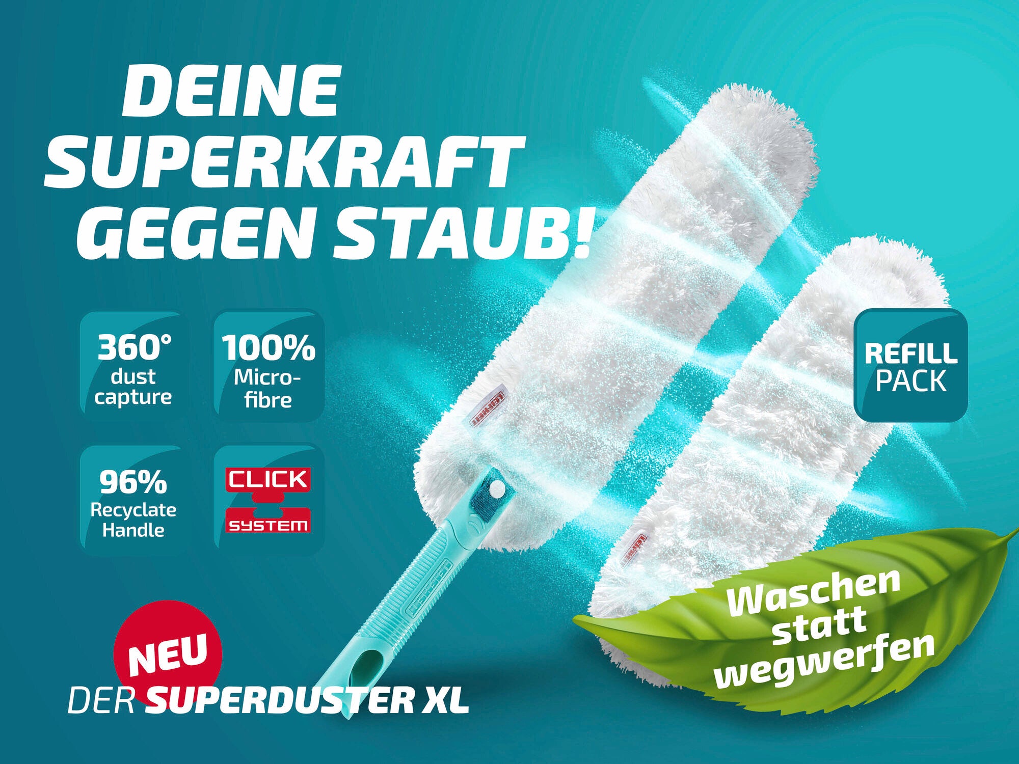 Der Leifheit Superduster XL ist ein Staubwischer mit 360° Staubaufnahme und 100% Mikrofaser. Er hat einen recycelbaren Griff und ist Teil des Click-Systems. Waschbar statt wegwerfbar.