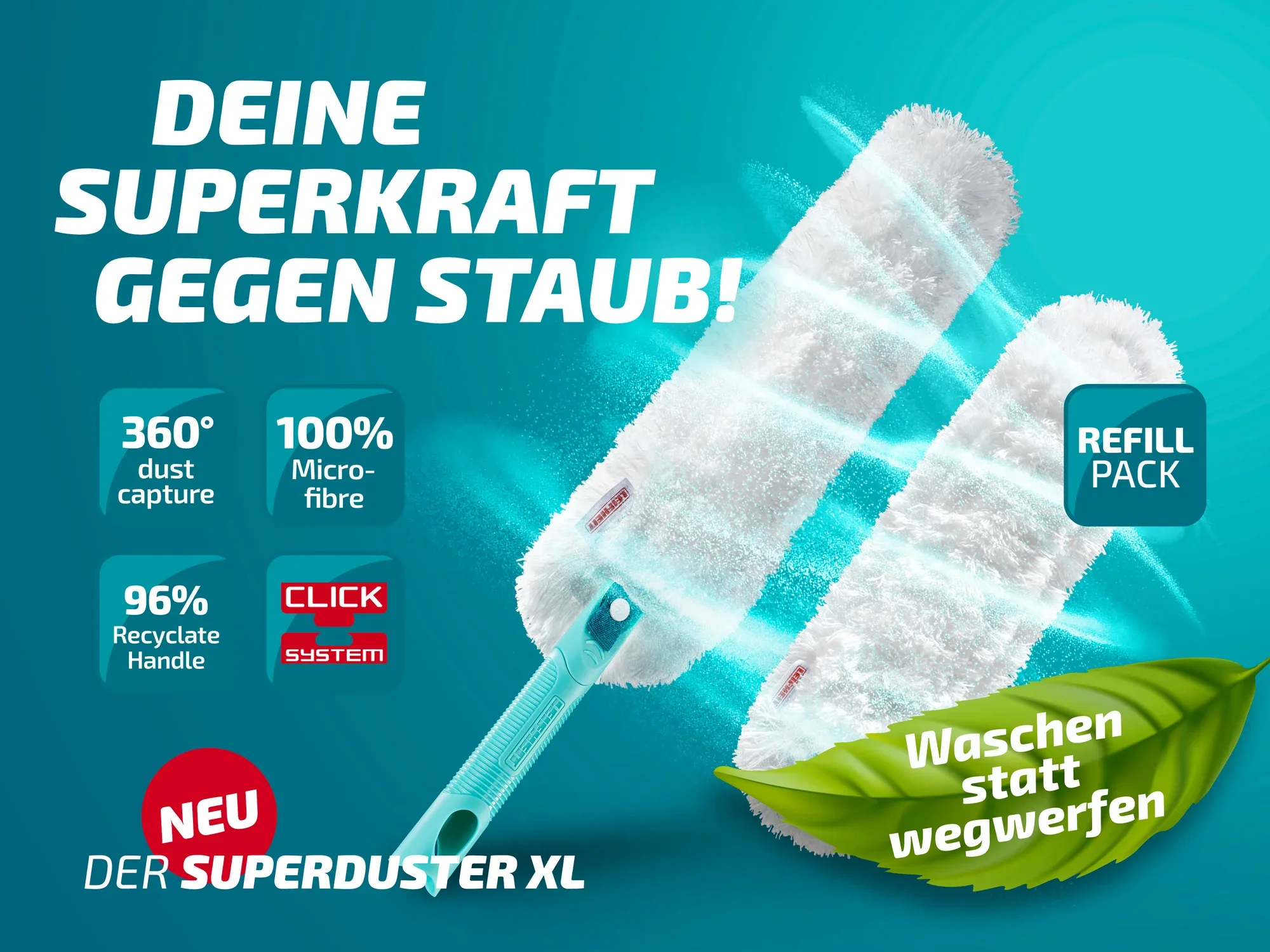 Der Leifheit Superduster XL ist ein Staubwischer mit 360° Staubaufnahme und 100% Mikrofaser. Er hat einen recycelbaren Griff und ist Teil des Click-Systems. Waschbar statt wegwerfbar.