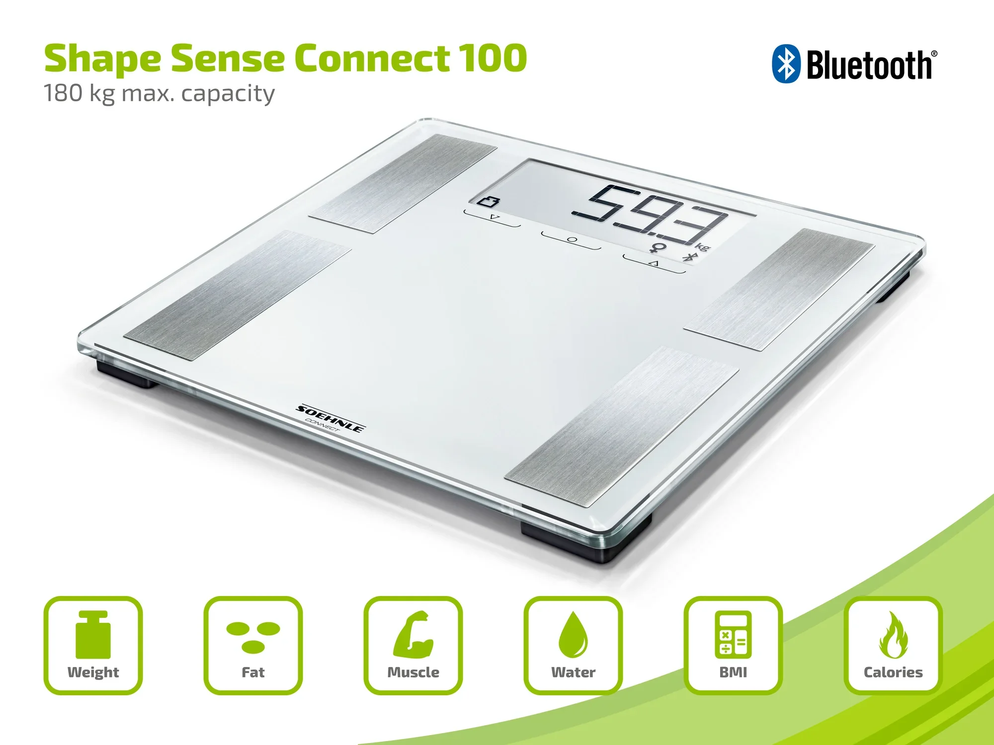 Een "Shape Sense Connect 100" digitale badkamerweegschaal met Bluetooth functie. Hij geeft een gewicht van 59,3 kg aan en heeft een maximale capaciteit van 180 kg.