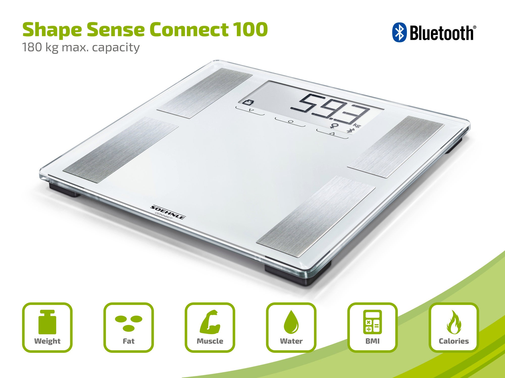 Eine digitale Personenwaage "Shape Sense Connect 100" mit Bluetooth-Funktion. Sie zeigt ein Gewicht von 59,3 kg an und hat eine maximale Kapazität von 180 kg.