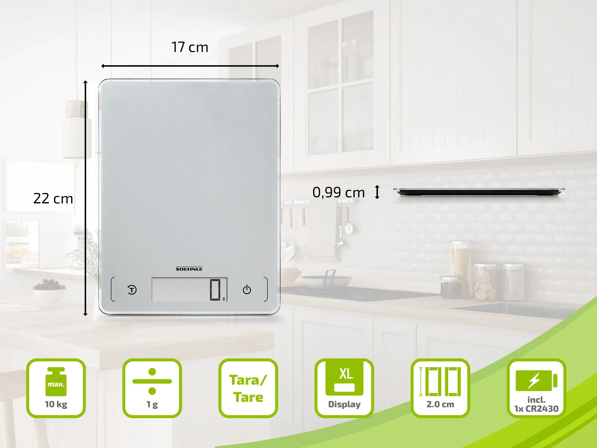 Soehnle Page Profi keukenweegschaal: Digitale weegschaal in een moderne keuken. Afmetingen: 17x22x0,99 cm. Functies: Tarra, XL display, max. 10 kg, nauwkeurigheid 1 g. Incl. 1x CR2430 batterij.