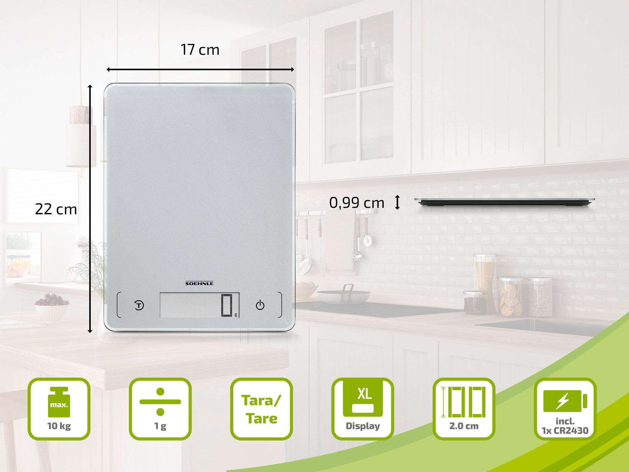 Soehnle Page Profi kitchen scales: digital scales in a modern kitchen. Dimensions: 17x22x0.99 cm. Functions: tare, XL display, max. 10 kg, accuracy 1 g. Includes 1x CR2430 battery.