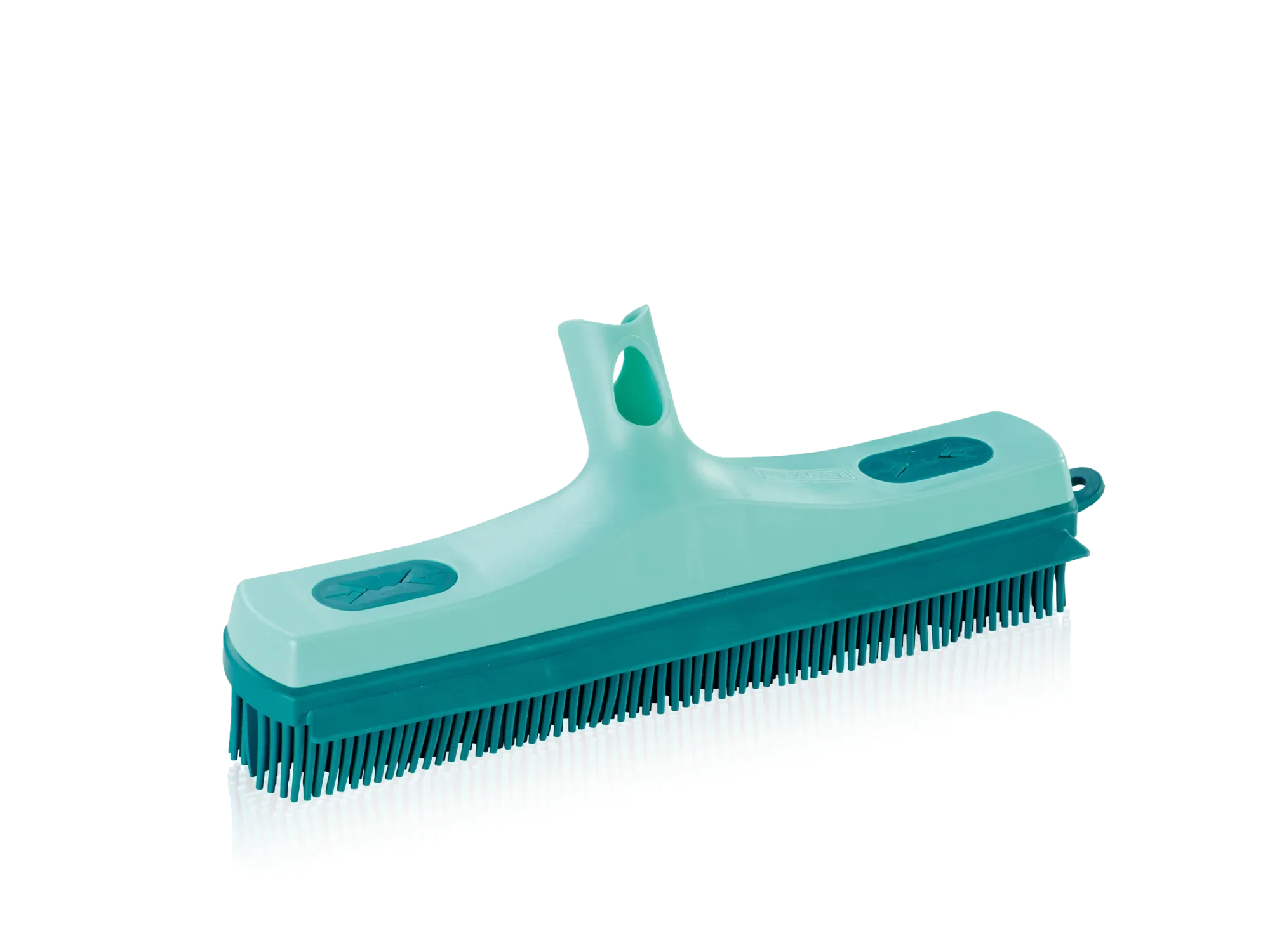 Rubberen bezemopzetstuk in turkoois met robuuste borstelharen. Ideaal voor het effectief verwijderen van vuil van verschillende vloertypes. Praktisch ontwerp voor eenvoudig gebruik.