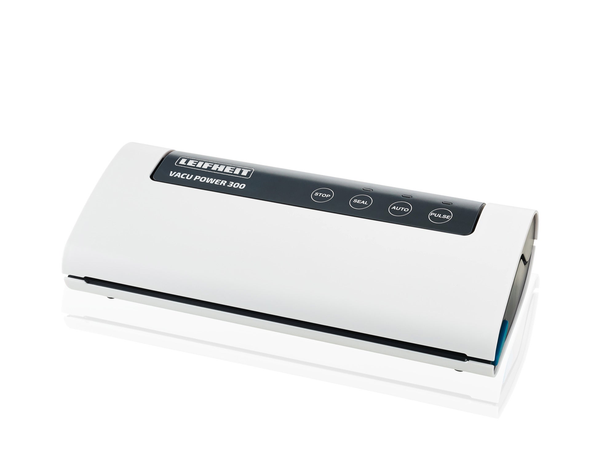 Vakuumiergerät Vacu Power 300 in Weiß mit schwarzem Bedienfeld. Kompaktes Design, ideal zum luftdichten Versiegeln von Lebensmitteln. Perfekt für die Küche.