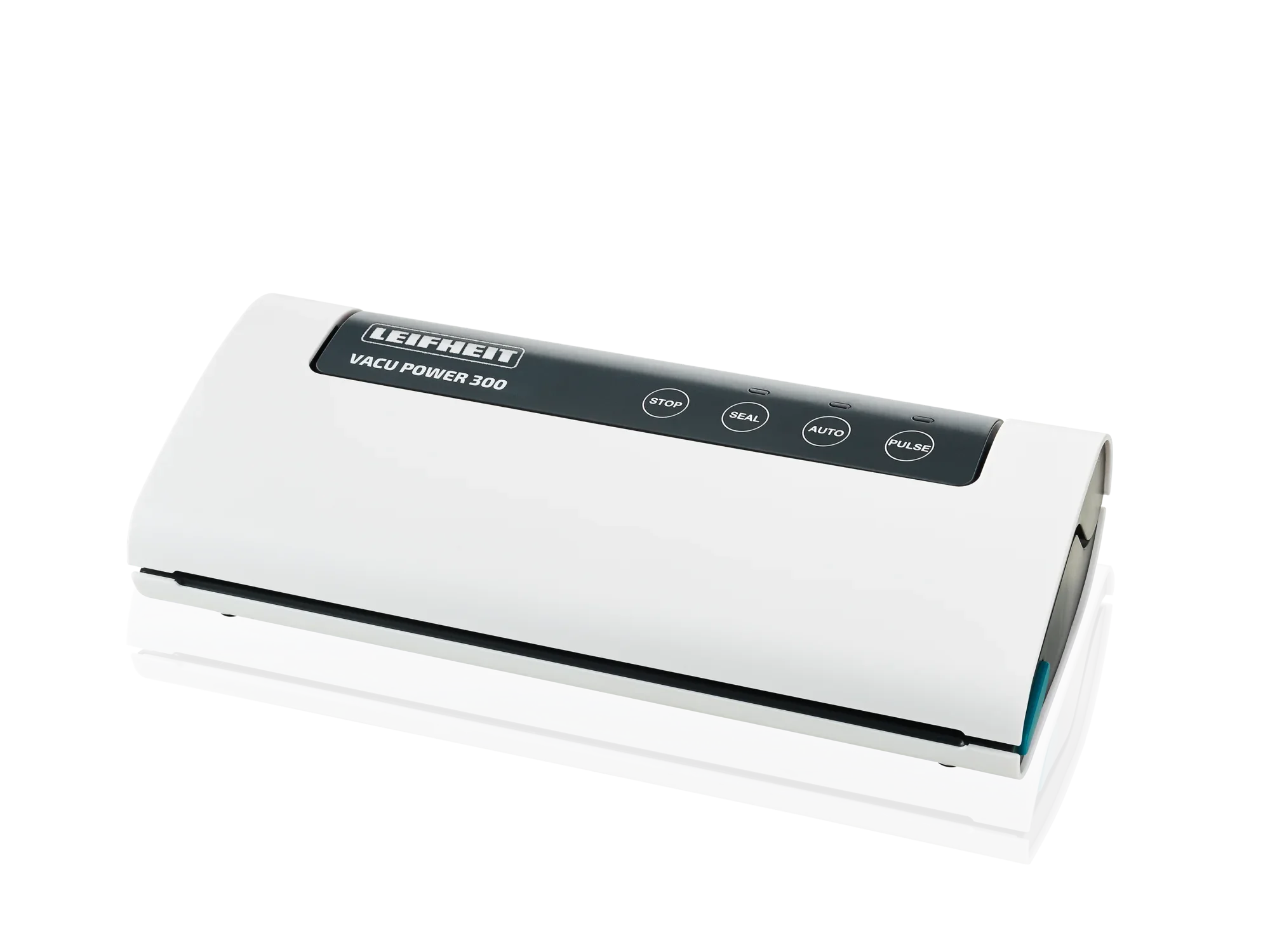 Appareil de mise sous vide Vacu Power 300 en blanc avec panneau de commande noir. Design compact, idéal pour sceller hermétiquement les aliments. Parfait pour la cuisine.