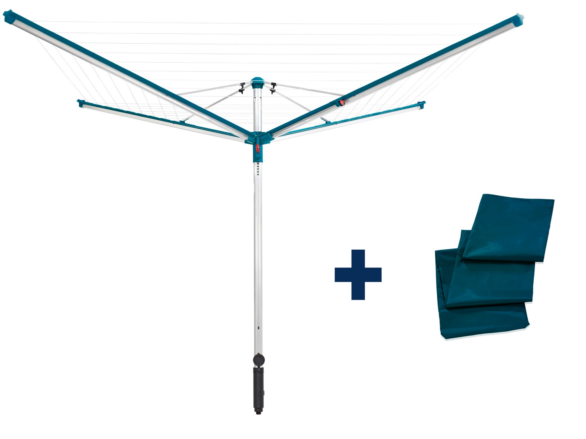 Linomatic 600 Deluxe rotary clothes dryer with cover. The dryer has fold-out arms and offers plenty of space for drying. Includes a practical protective cover.