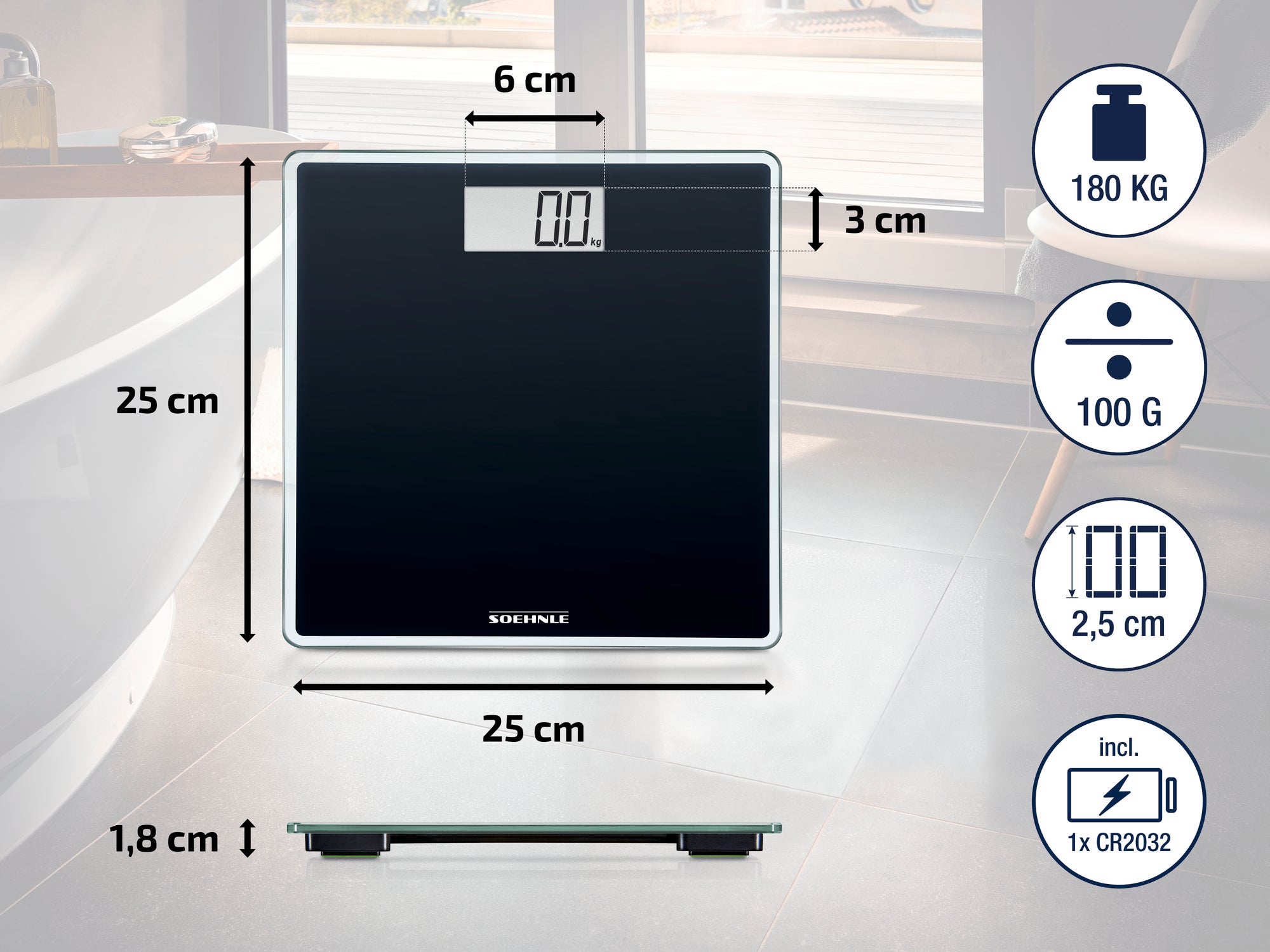 Digitale Personenwaage von Soehnle mit einem modernen, schwarzen Design. Sie misst bis zu 180 kg mit einer Genauigkeit von 100 g. Inklusive Batterie CR2032.