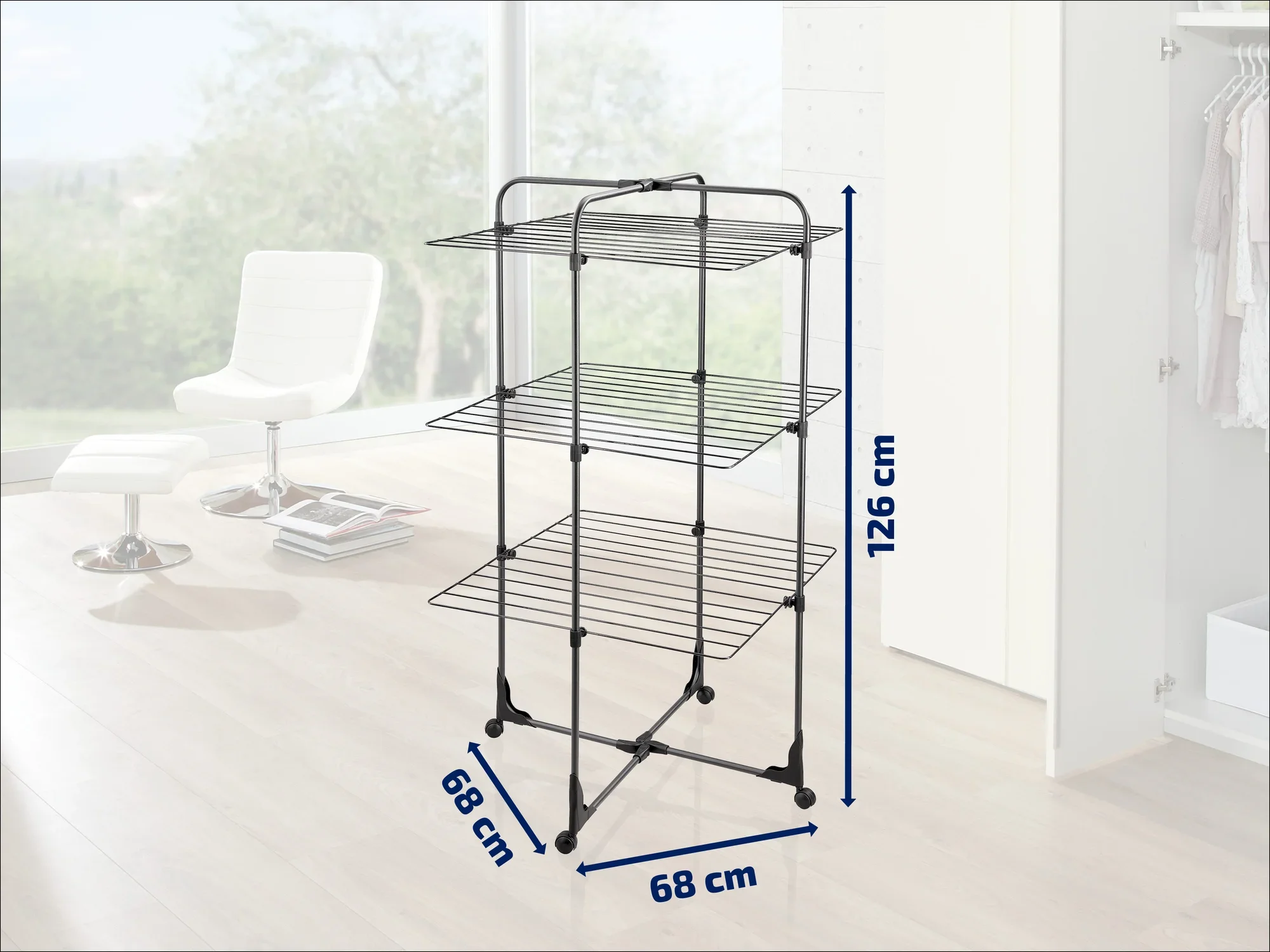 Tower dryer with three levels, ideal for small rooms. Dimensions: 126 cm high, 68 cm wide. Perfect for efficient drying of clothes in modern living spaces.