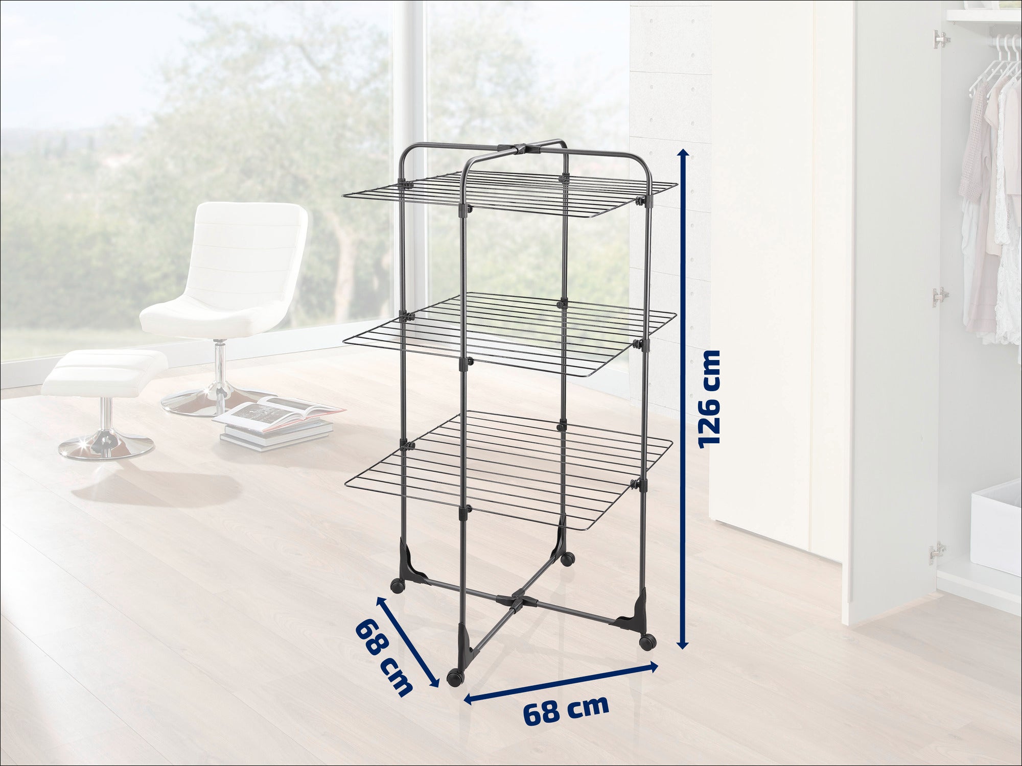 Tower dryer with three levels, ideal for small rooms. Dimensions: 126 cm high, 68 cm wide. Perfect for efficient drying of clothes in modern living spaces.