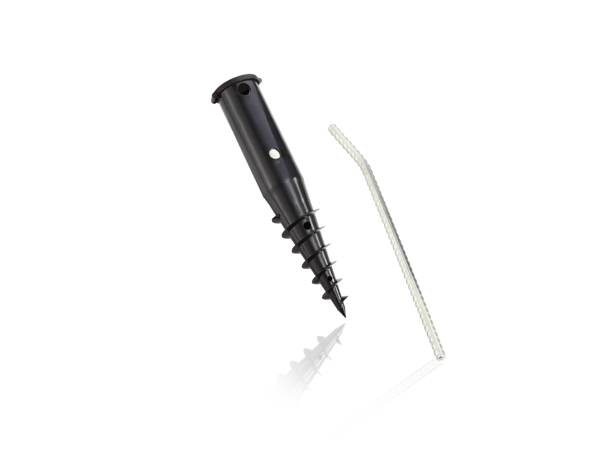 Grondplug met schroefstang: Een zwarte grondplug van robuust materiaal, met een zilveren schroefstang. Ideaal voor stevige bevestigingen in de vloer.