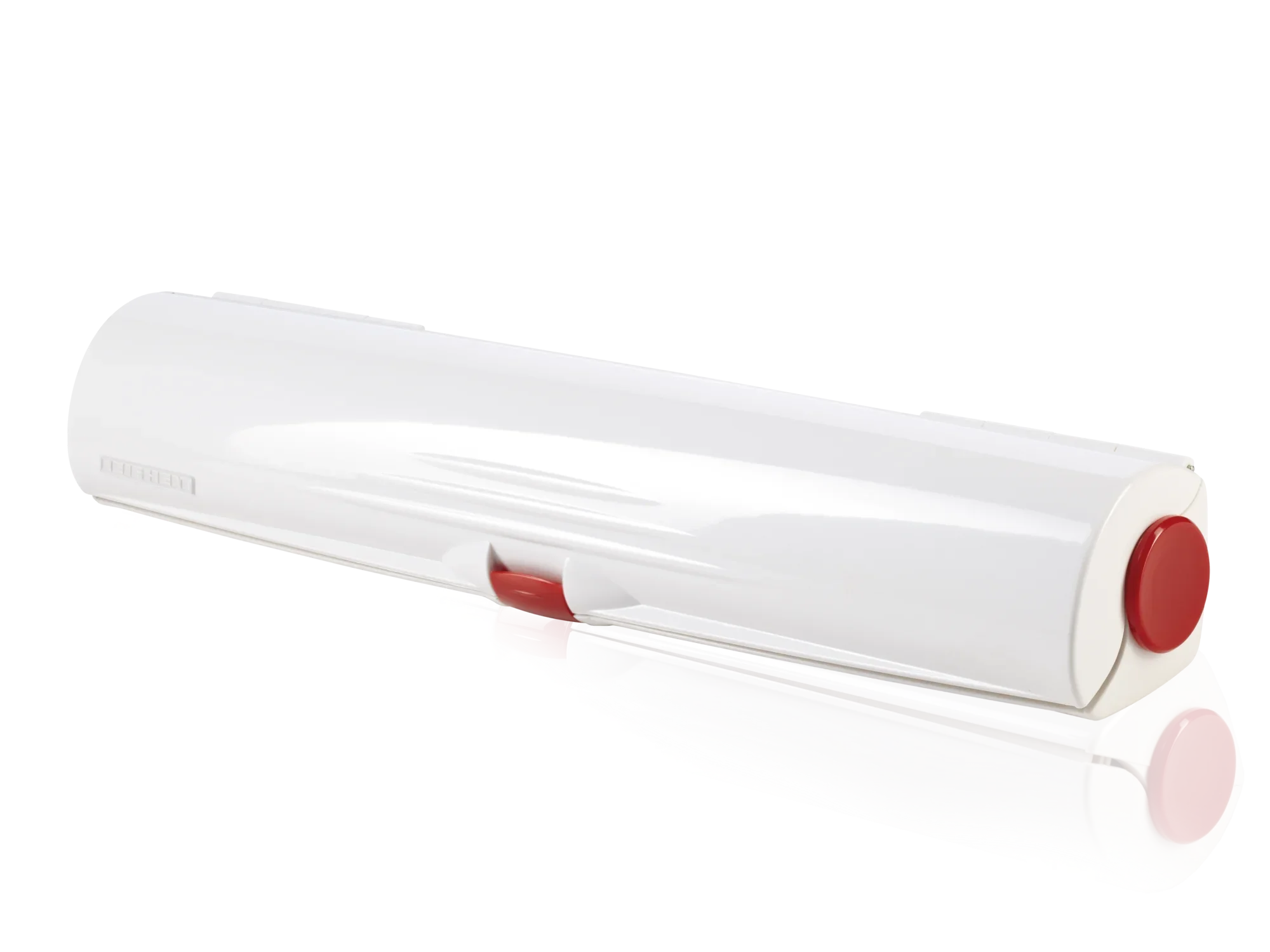 Perfect Cut foliesnijder: Een elegante, witte foliesnijder met een rood accent, ideaal voor het nauwkeurig snijden van folie. Perfect voor het moderne huishouden.