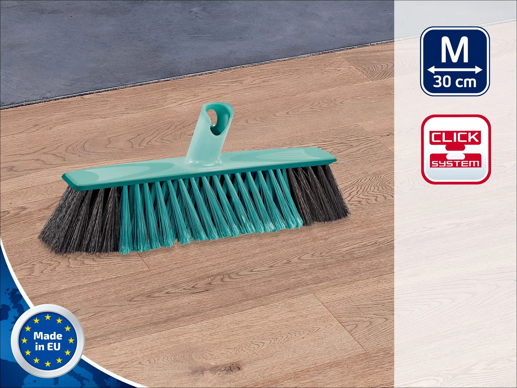 Leifheit Allround Besen 30 cm mit Click-System. Der Besen hat grüne Borsten und einen ergonomischen Griff. Ideal für die Reinigung von Böden. Hergestellt in der EU.