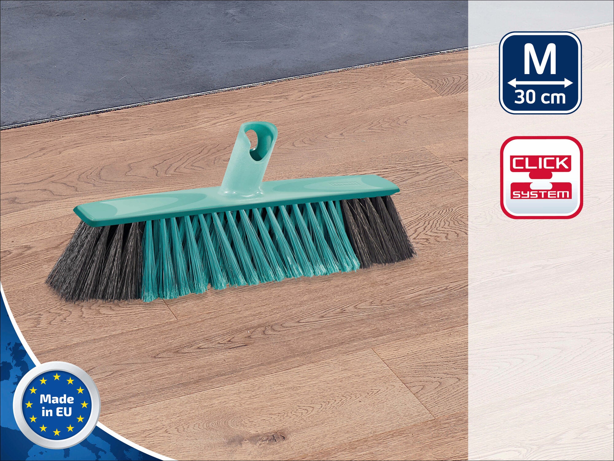 Leifheit Allround Besen 30 cm mit Click-System. Der Besen hat grüne Borsten und einen ergonomischen Griff. Ideal für die Reinigung von Böden. Hergestellt in der EU.