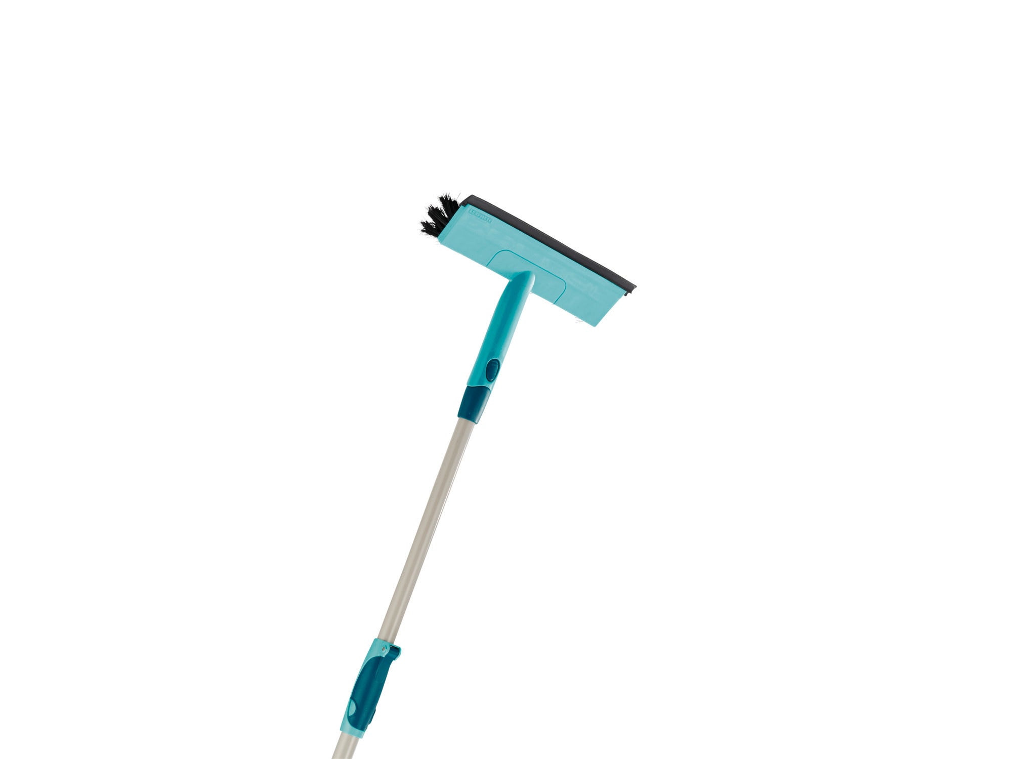 Fensterwischer mit Bürste und Teleskopstange, ideal für die Reinigung von Fenstern in verschiedenen Höhen. Der Wischer hat eine blaue Bürste und einen ausziehbaren Griff.