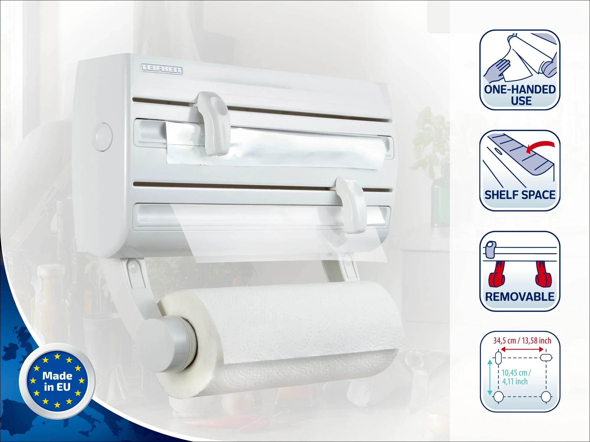 Portarotolo da parete Leifheit con tre supporti per rotoli di pellicola e carta. Pratico da usare con una sola mano, offre spazio aggiuntivo ed è rimovibile. Ideale per la cucina.