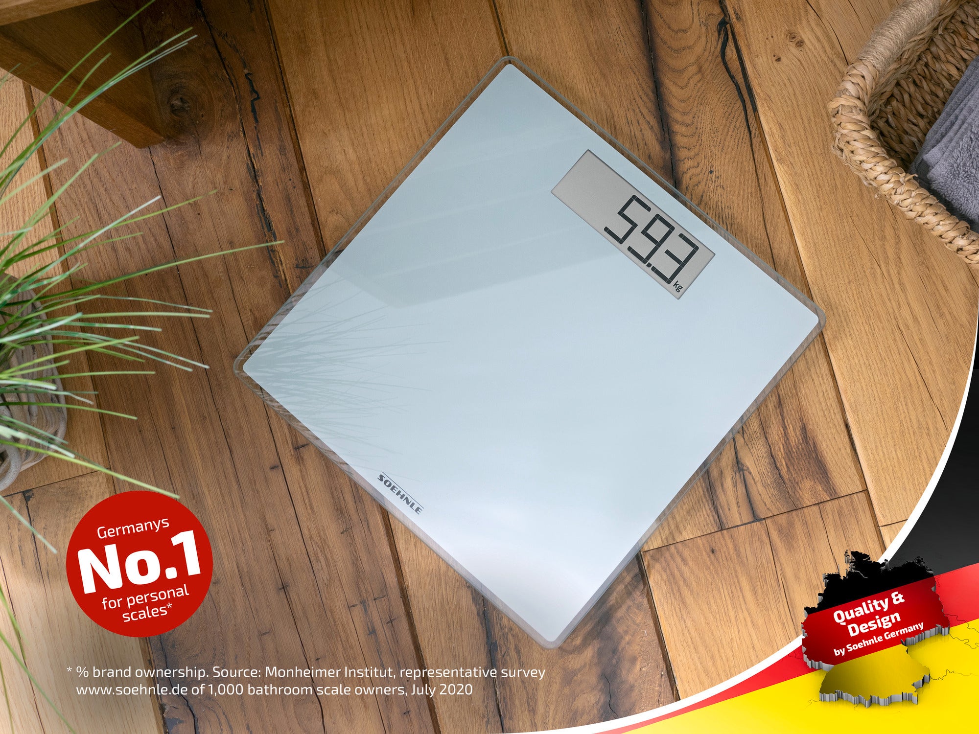 Een digitale badkamerweegschaal van Soehnle op een houten vloer. Het display geeft 59,3 kg aan. Een rood zegel geeft aan dat Soehnle de nummer 1 is in Duitsland.