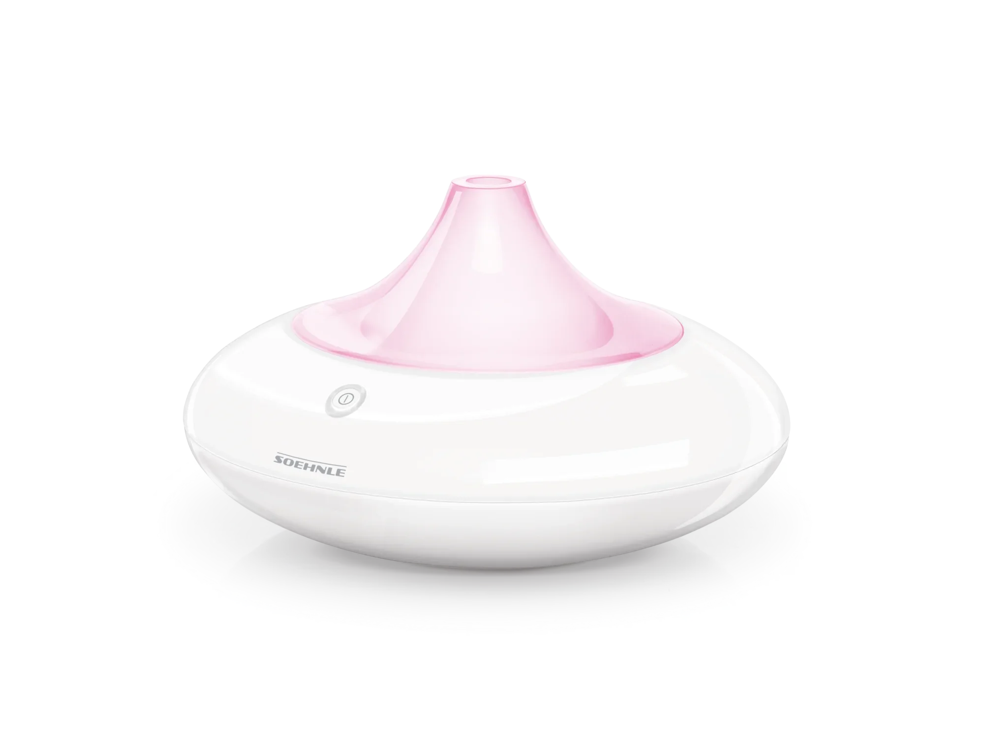 Designerski dyfuzor zapachowy Ravenna w eleganckim białym kolorze z delikatnie świecącą różową pokrywką. Idealny do poprawy powietrza w pomieszczeniu i relaksującej aromaterapii.