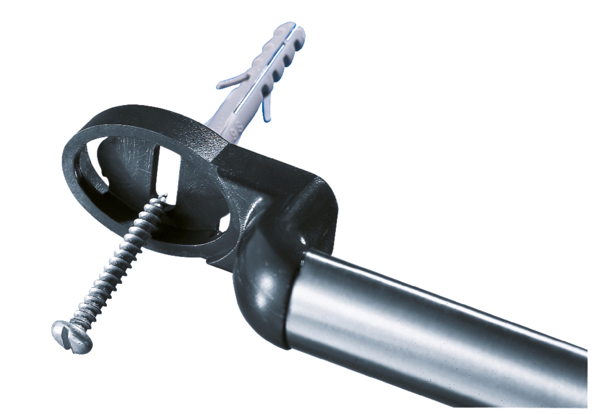 Hakenleiste: Nahaufnahme einer Hakenleiste mit einem Schraubmechanismus, der an einer Wand montiert wird. Der robuste Metallhaken bietet sicheren Halt für verschiedene Gegenstände.