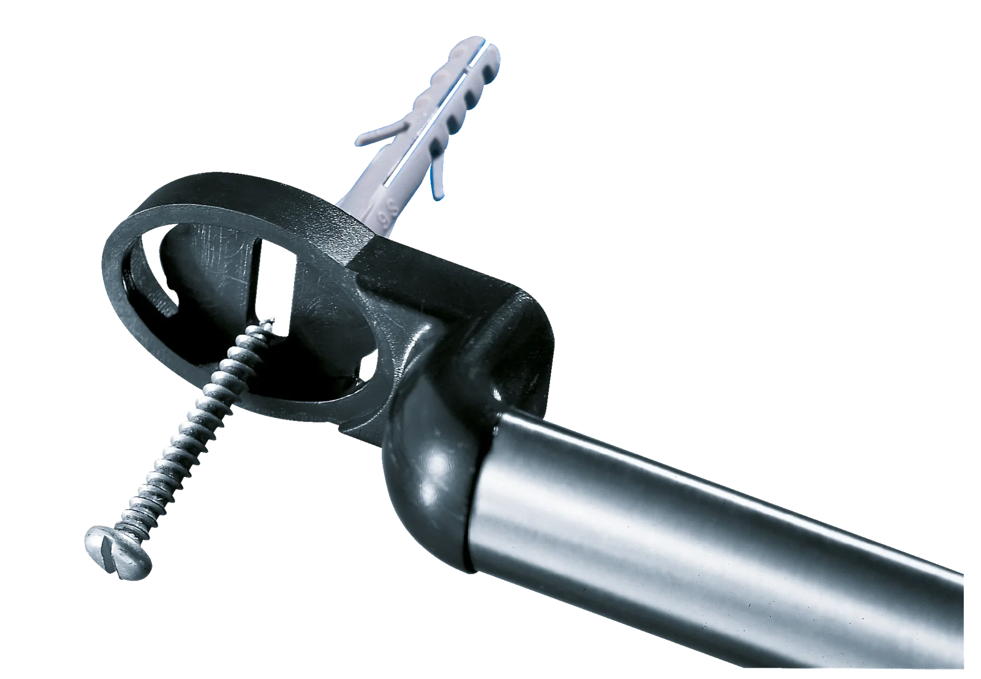 Haakrail: Close-up van een haakrail met schroefmechanisme gemonteerd aan een muur. De robuuste metalen haak biedt een stevige houvast voor verschillende voorwerpen.