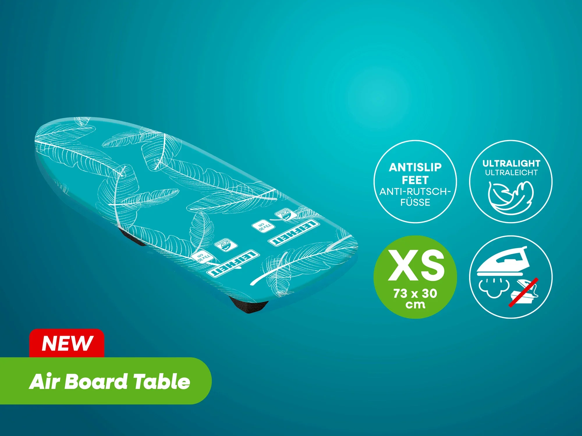 Bügeltisch von Leifheit mit der Bezeichnung "Air Board Table". Der Tisch ist ultraleicht, hat Anti-Rutsch-Füße und misst 73 x 30 cm. Ideal für kompakte Räume.