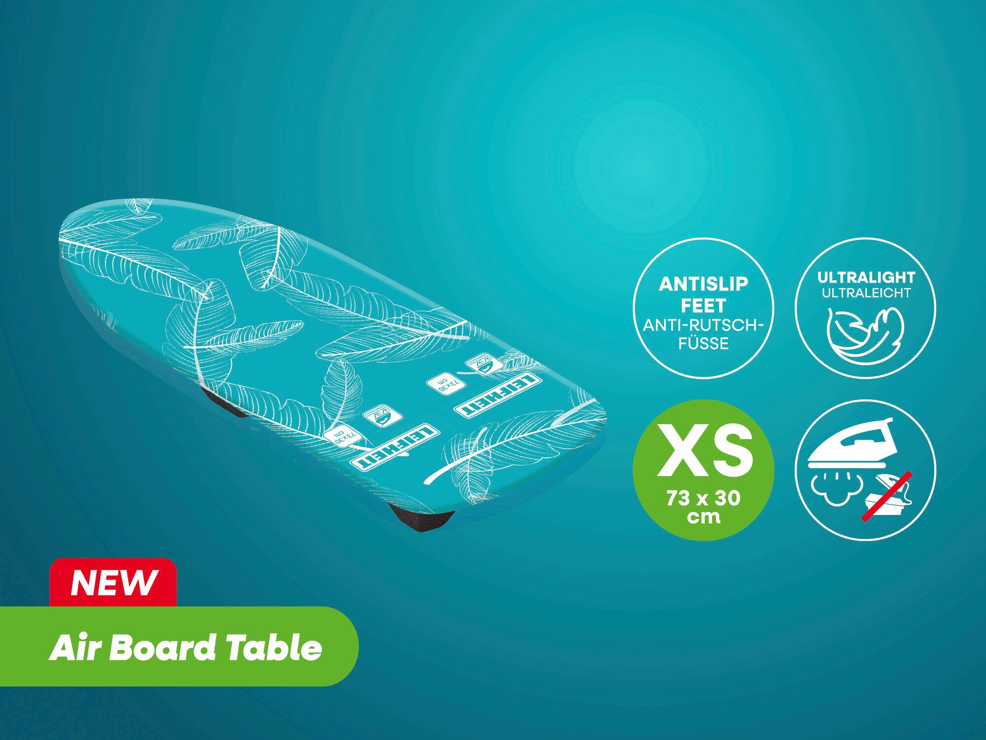 Bügeltisch von Leifheit mit der Bezeichnung "Air Board Table". Der Tisch ist ultraleicht, hat Anti-Rutsch-Füße und misst 73 x 30 cm. Ideal für kompakte Räume.