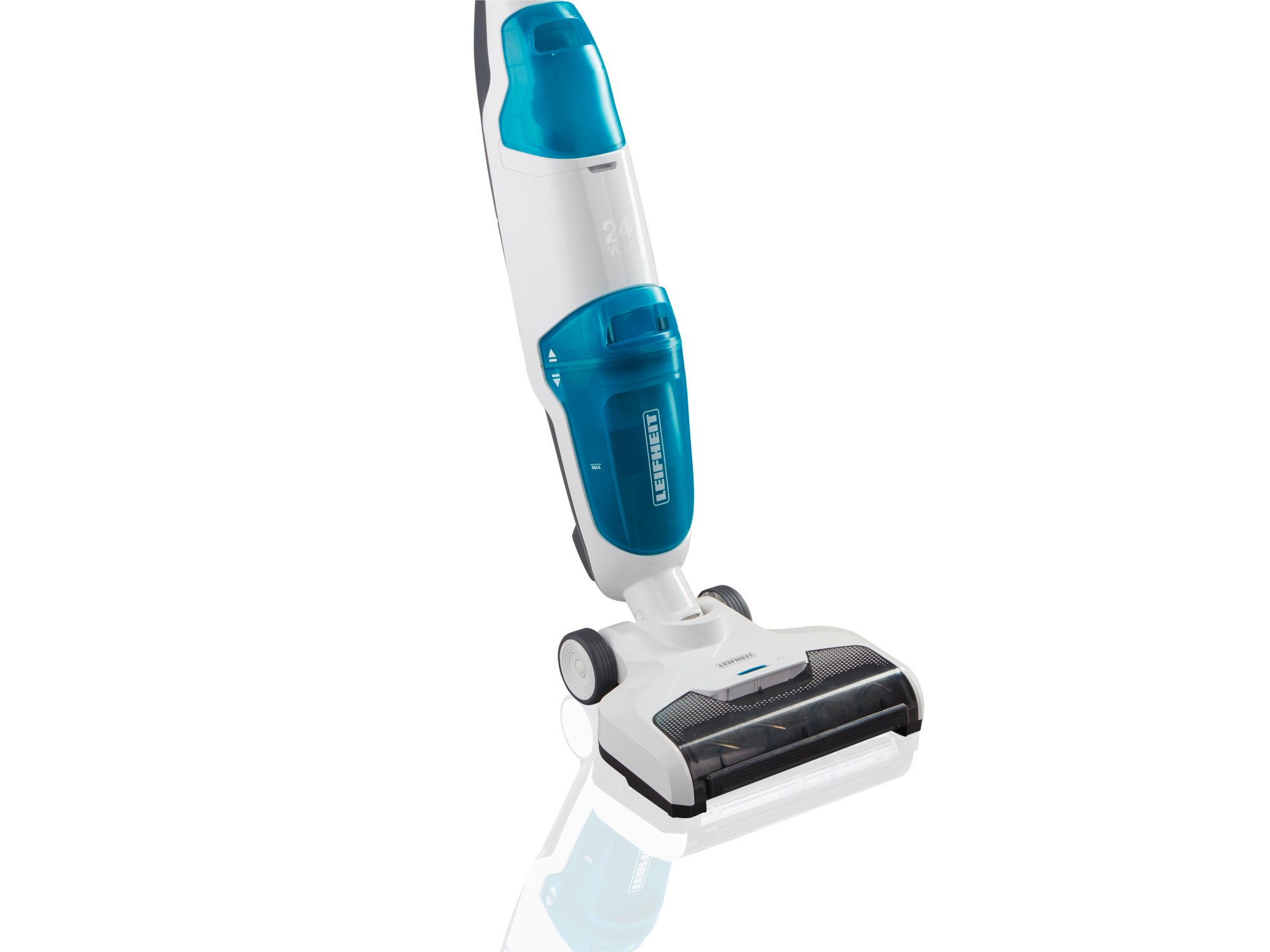 A cordless vacuum mop, the Regulus Aqua PowerVac, stands upright on a reflective surface. The device has a white body with turquoise accents and is ideal for cleaning hard floors.