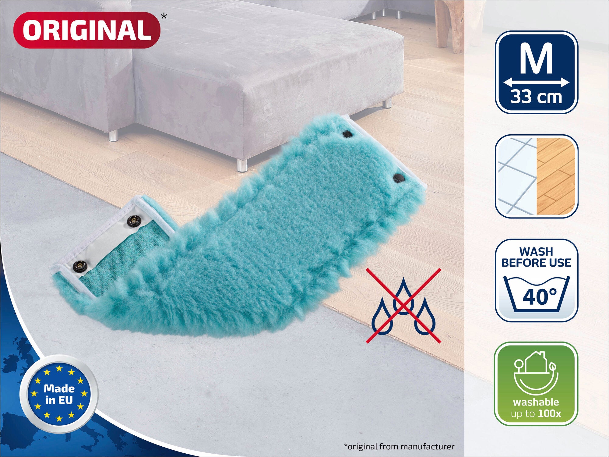 Bild eines blauen Original-Moppaufsatzes, geeignet für Böden. Größe M, 33 cm. Waschbar bis 40 Grad, bis zu 100 Mal. Hergestellt in der EU. Ideal für die Reinigung.