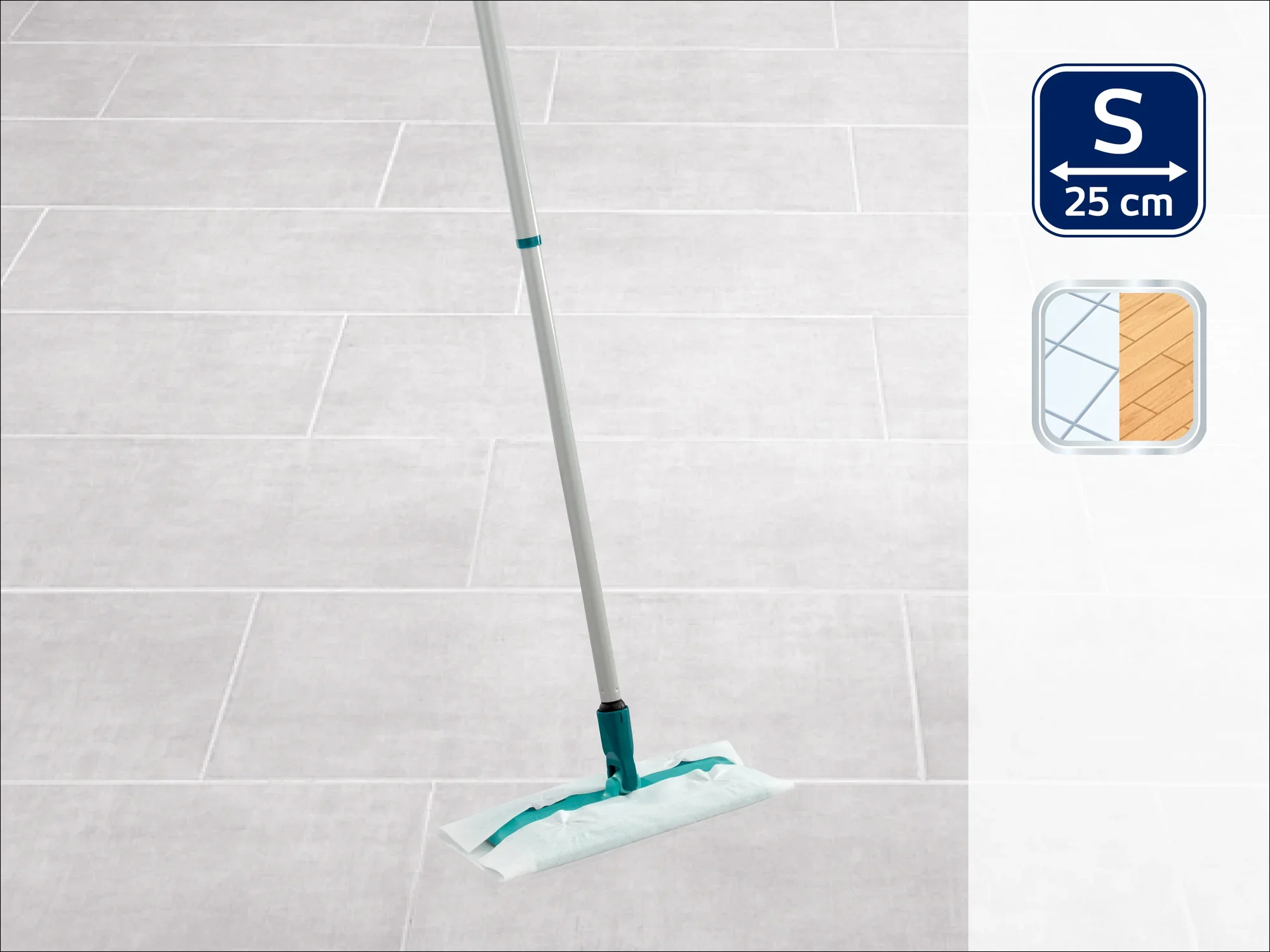 Een mop met een 25 cm brede kop ligt op een lichtgekleurde tegelvloer. Rechtsboven staan symbolen die de grootte en geschiktheid voor verschillende vloertypen aangeven.