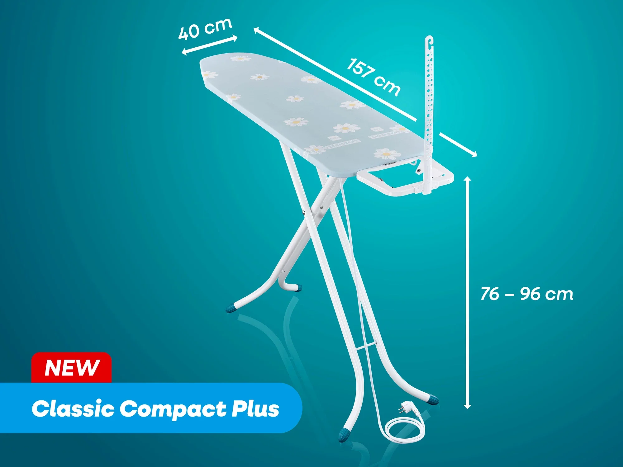 Bügeltisch Classic Compact Plus von Leifheit mit den Maßen 157 cm Länge, 40 cm Breite und höhenverstellbar von 76 bis 96 cm. Ideal für komfortables Bügeln.
