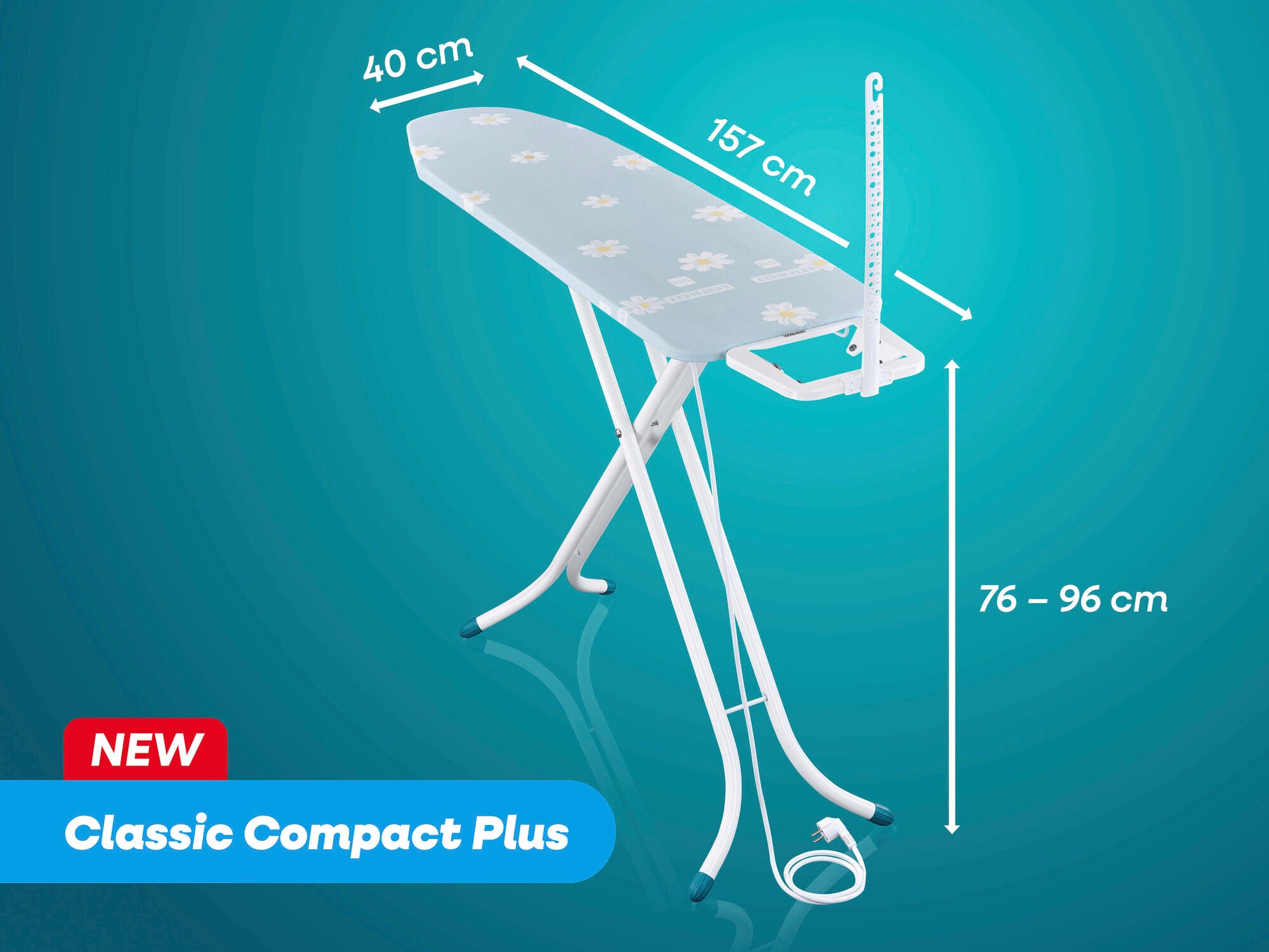 Bügeltisch Classic Compact Plus von Leifheit mit den Maßen 157 cm Länge, 40 cm Breite und höhenverstellbar von 76 bis 96 cm. Ideal für komfortables Bügeln.