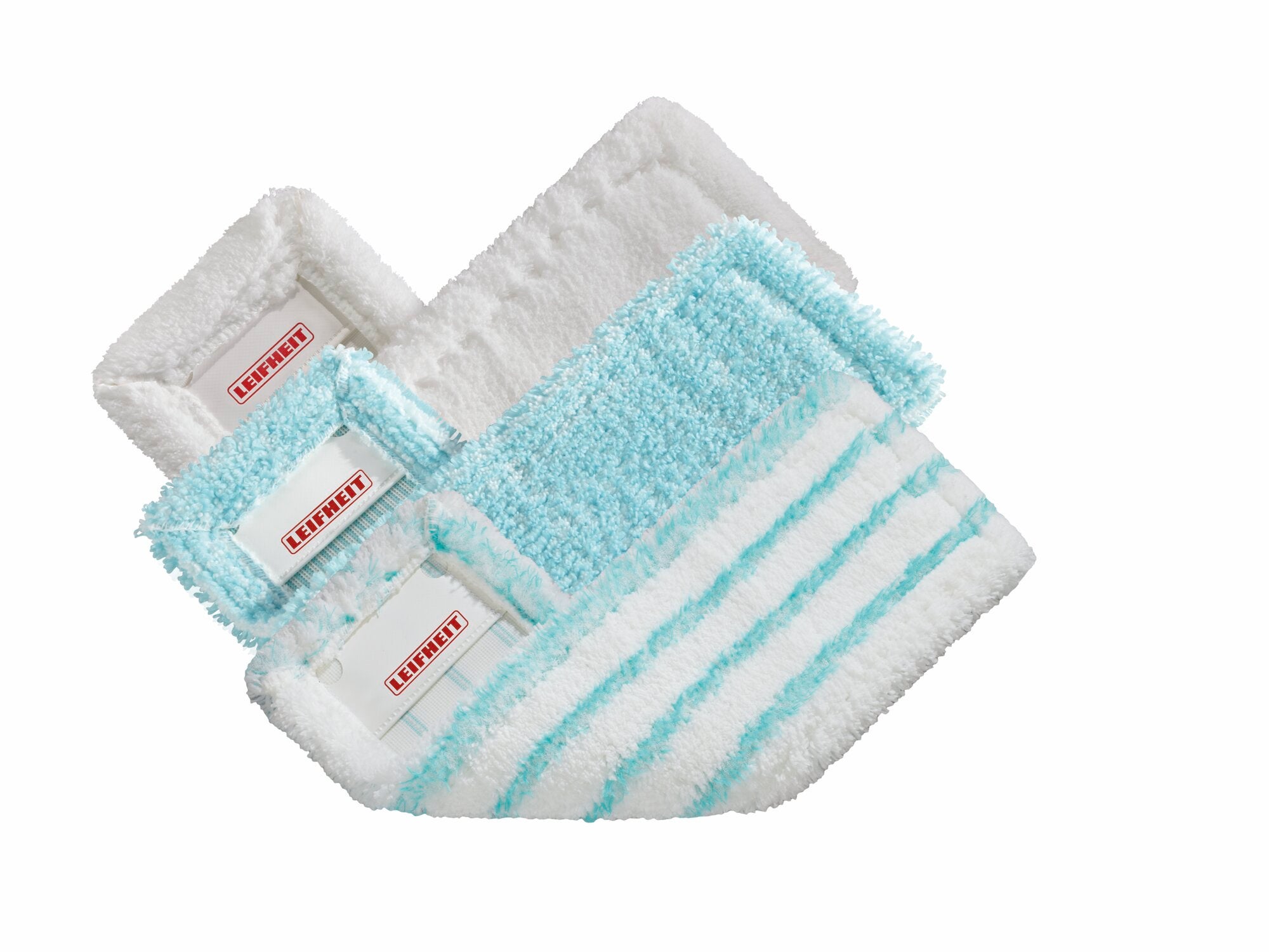 Set mit 3 Profi XL Nass- und Staubwischbezügen: Drei weiße Wischbezüge mit blauen Streifen, ideal für die gründliche Reinigung von Böden. Perfekt für den Einsatz auf verschiedenen Oberflächen.