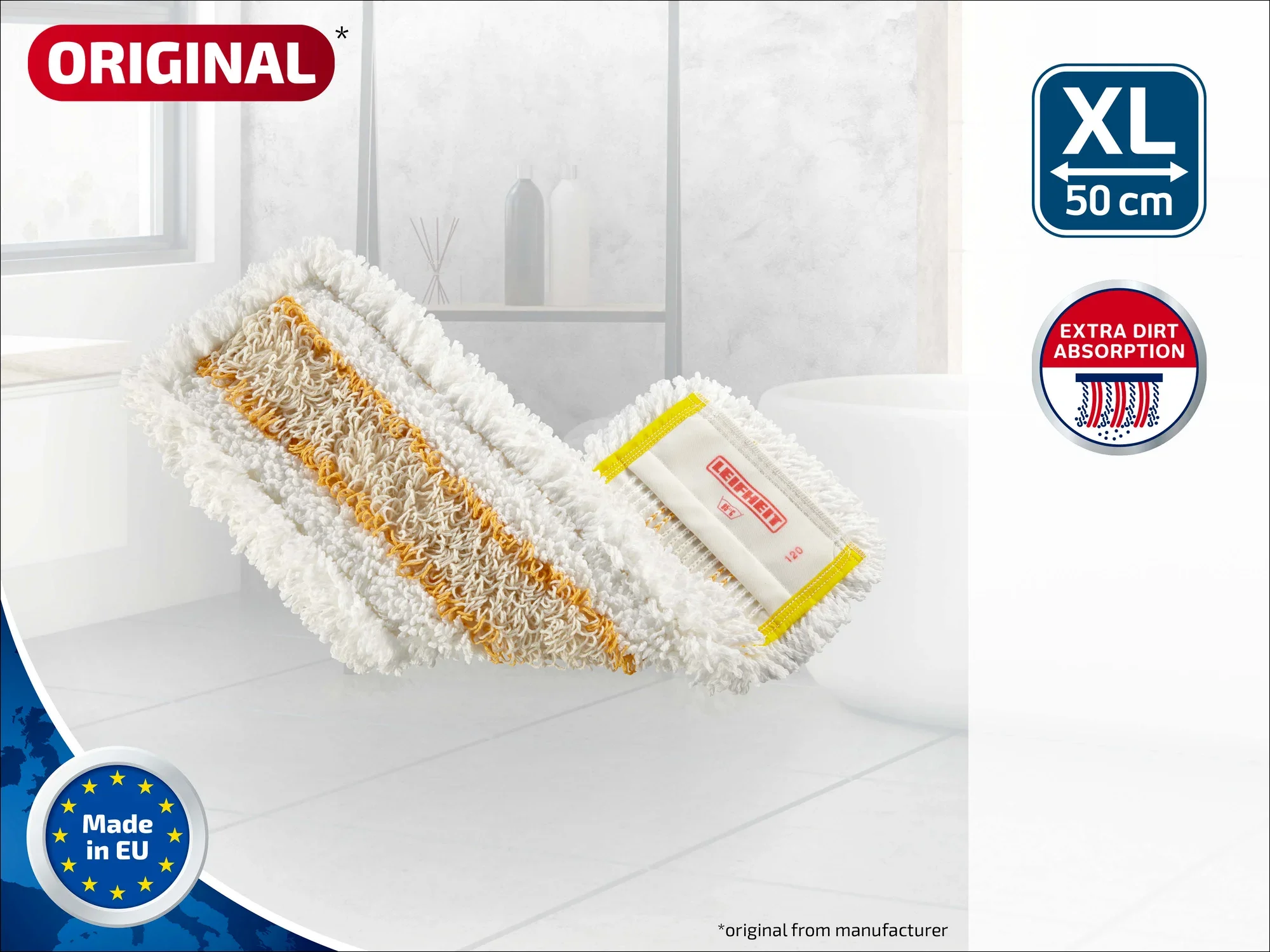 Das Bild zeigt den Leifheit Professional Wischüberzug Micro, geeignet für XL-Lavapavimenti mit einer Breite von 50 cm. Der Bezug bietet extra Schmutzaufnahme und ist in der EU hergestellt.