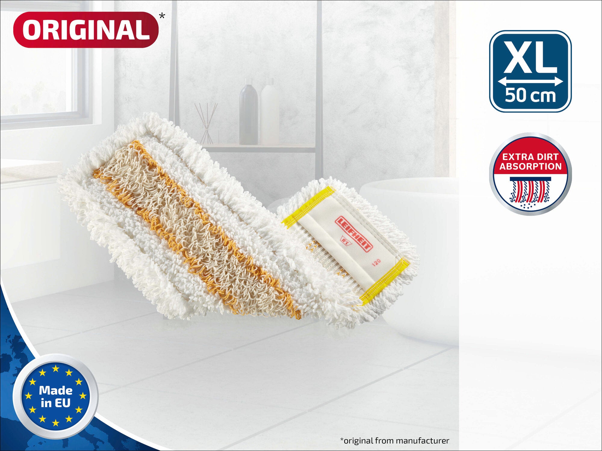 Das Bild zeigt den Leifheit Professional Wischüberzug Micro, geeignet für XL-Lavapavimenti mit einer Breite von 50 cm. Der Bezug bietet extra Schmutzaufnahme und ist in der EU hergestellt.