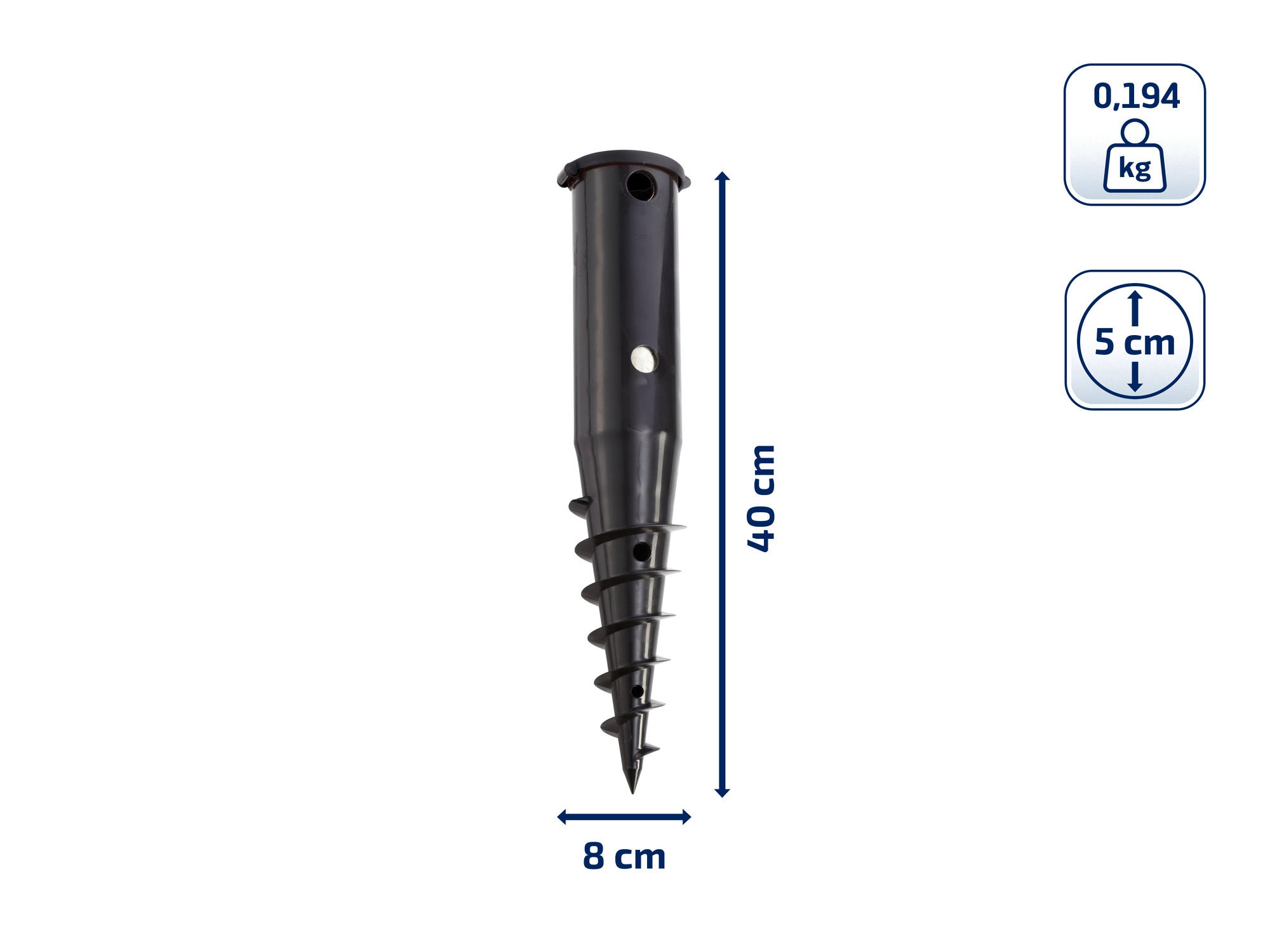 Czarna kotwa gruntowa do suszarek obrotowych o długości 40 cm i średnicy 8 cm. Waga wynosi 0,194 kg. Idealna do stabilnego mocowania w podłożu.