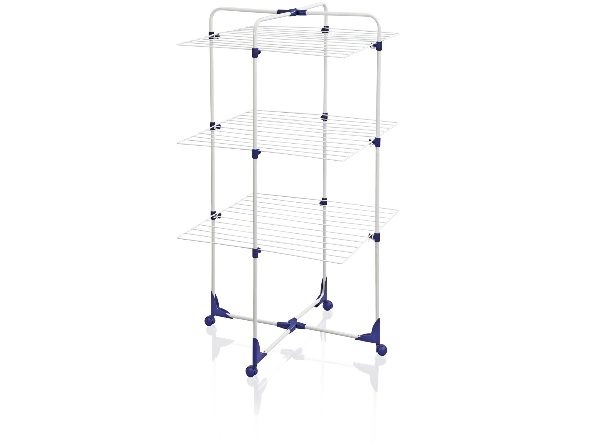 Classic Tower 270 droogtoren: Een droogrek met drie niveaus en blauwe accenten, ideaal voor kleine ruimtes. Biedt veel ruimte voor het drogen van kleding in een kleine ruimte.