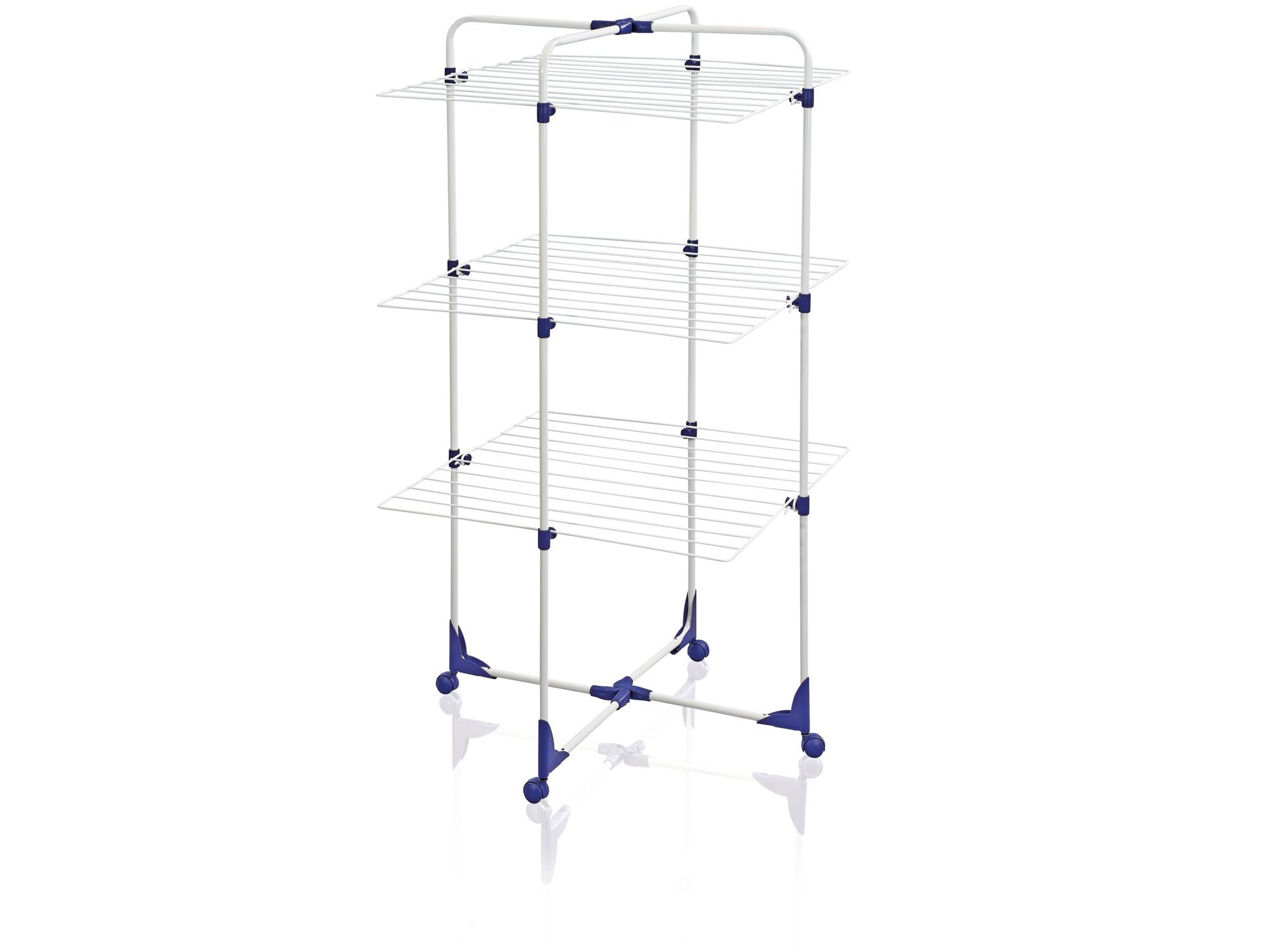 Classic Tower 270 droogtoren: Een droogrek met drie niveaus en blauwe accenten, ideaal voor kleine ruimtes. Biedt veel ruimte voor het drogen van kleding in een kleine ruimte.