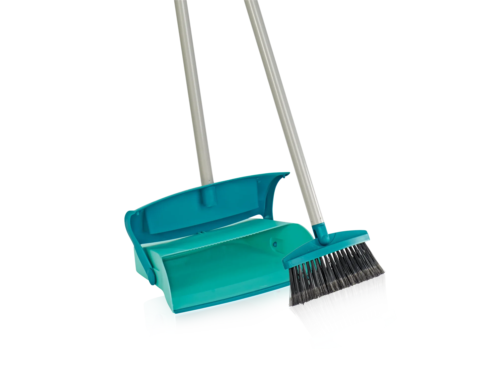 Veegset met steel en vuilcontainer in turquoise. De set bestaat uit een bezem met lange haren en een bijpassende stoffer, ideaal voor het schoonmaken van vloeren.